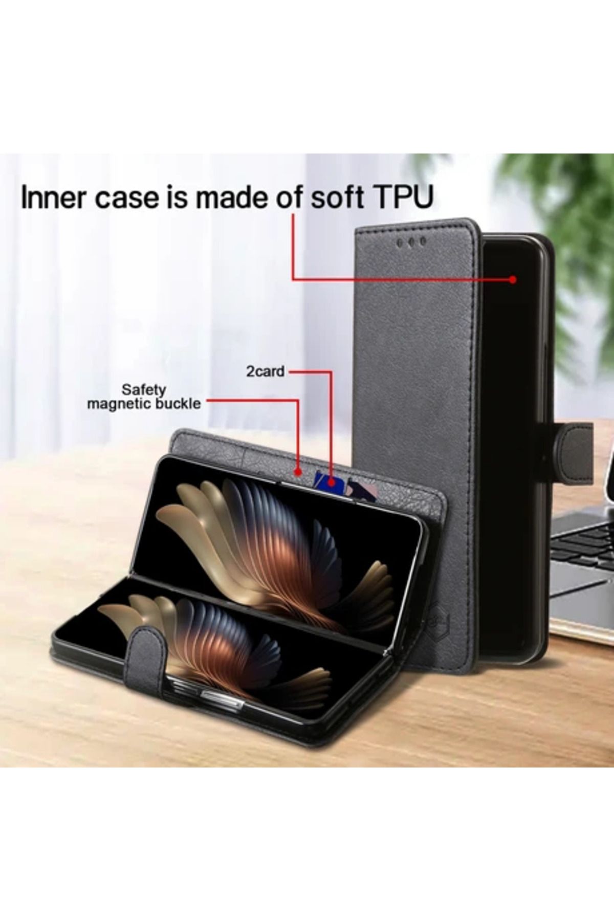 Obay Cool-M Case Galaxy Z Fold4 5g Pu Deri Şok Geçirmez Kılıf Düz Renkli Cüzdan Telefon Kapağı