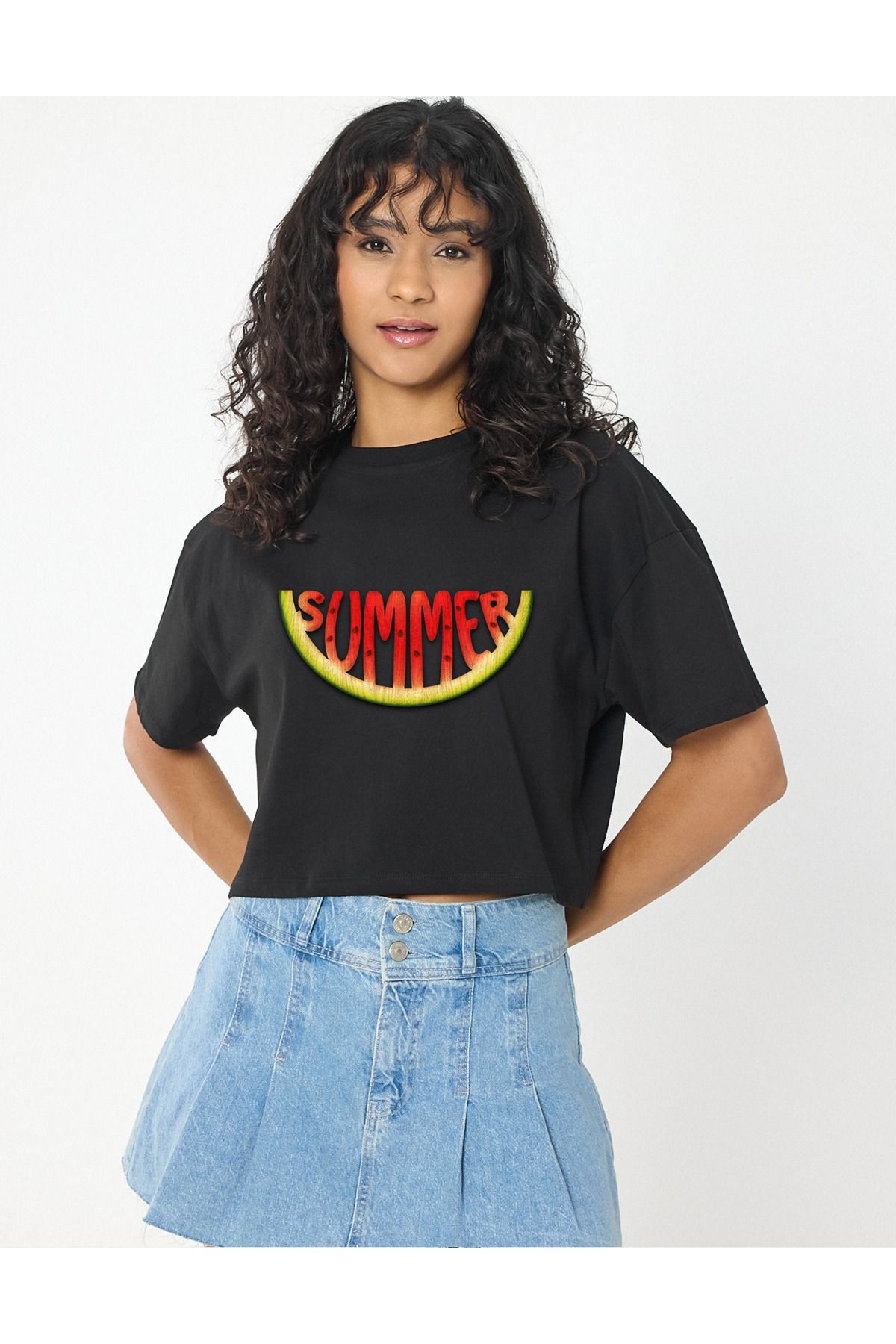 Windy Island Kadın Bisiklet Yaka Summer Karpuz Baskılı Crop T-shirt