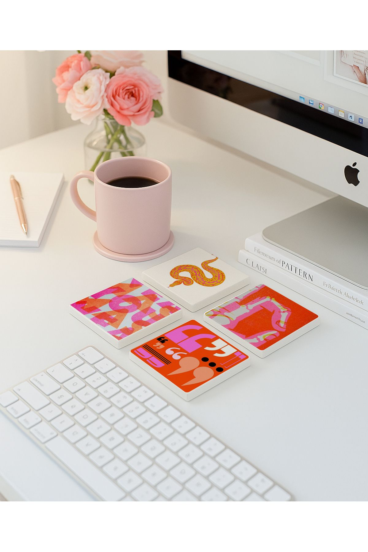 arslart Retro Pembe Desenli Doğal Taş Bardak Altlığı, Ofis Masa Dekoru, 4 Adet