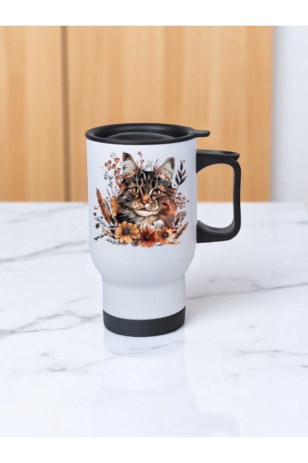 lili hediyelik Çiçekler İçinde Kedi Baskılı Kulplu Çelik Bardak Termos 450 ml