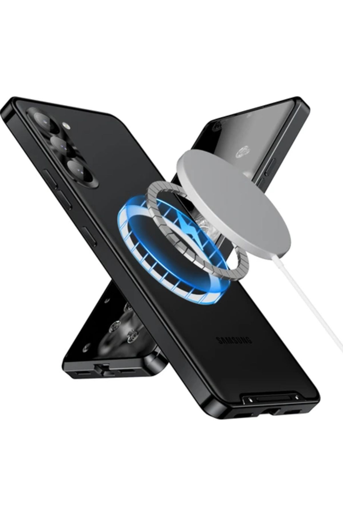 Obay hulie Galaxy S25+ Için Metal Çerçeveli Mat Pc Telefon Kılıfı, Manyetik Kablosuz Şarj Uyumlu Siyah