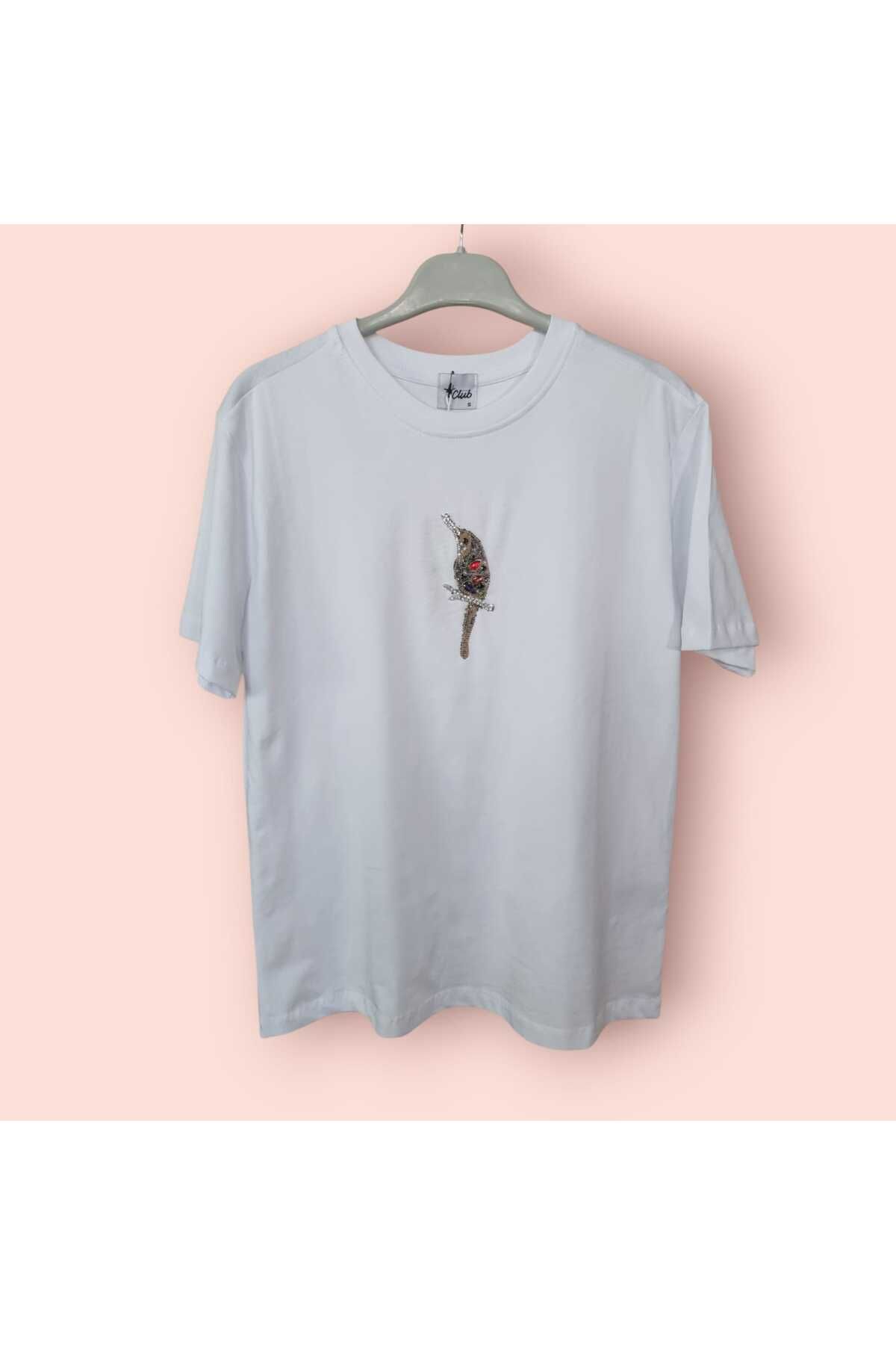 Eda Başak Atelier Renkli Taşlı Kuş Baskılı Basic T-Shirt
