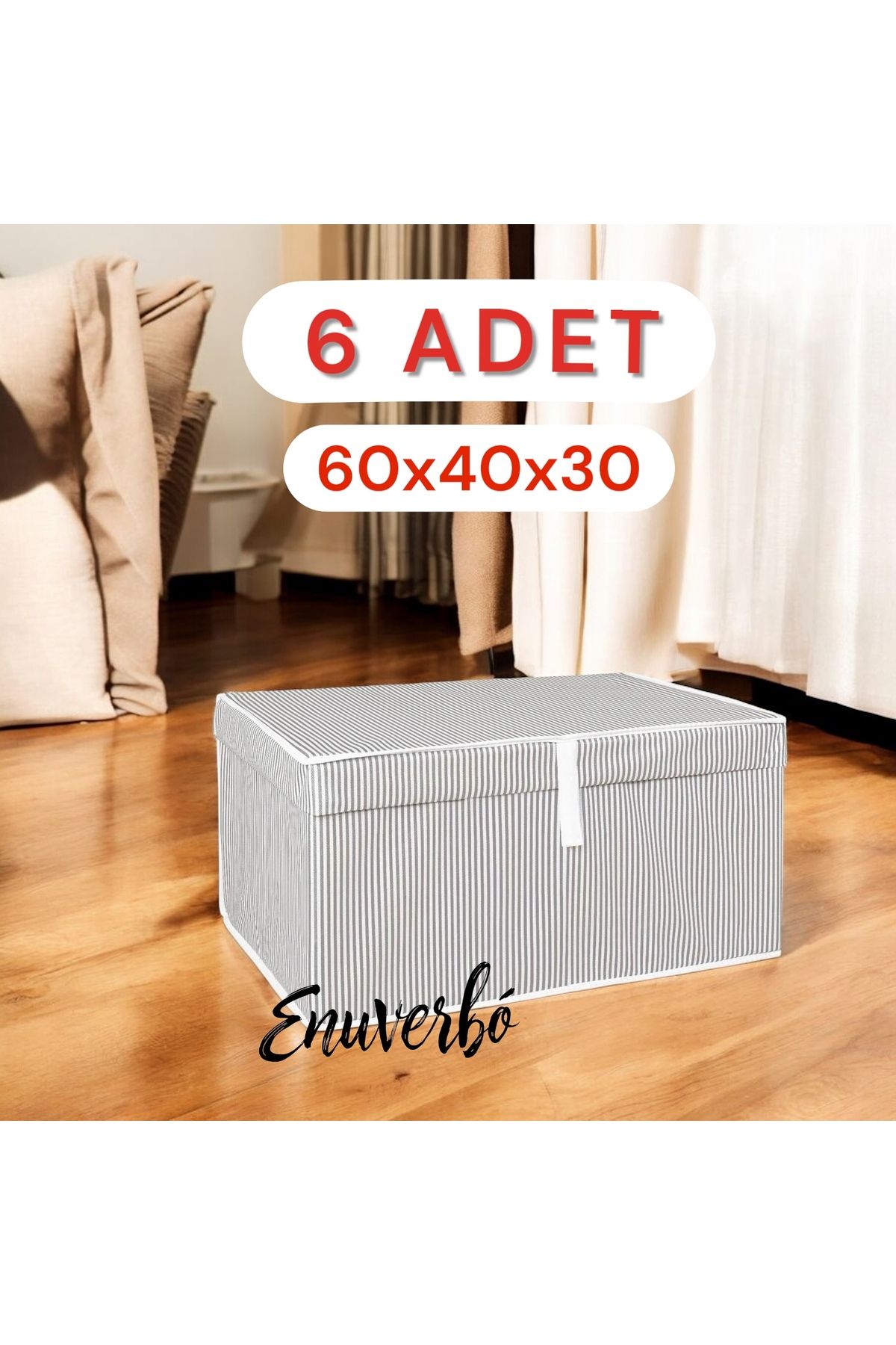 Enuverbi 6 Adet Cırtlı Kapaklı Mega Saklama Kutusu Giysi Hurcu Çeyiz Sandığı (60X40X30 CM) - Gri