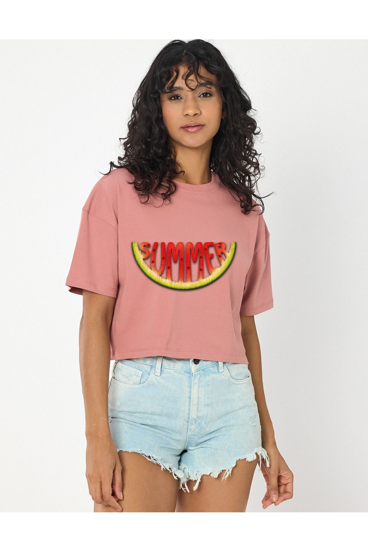 Windy Island Kadın Bisiklet Yaka Summer Karpuz Baskılı Crop T-shirt