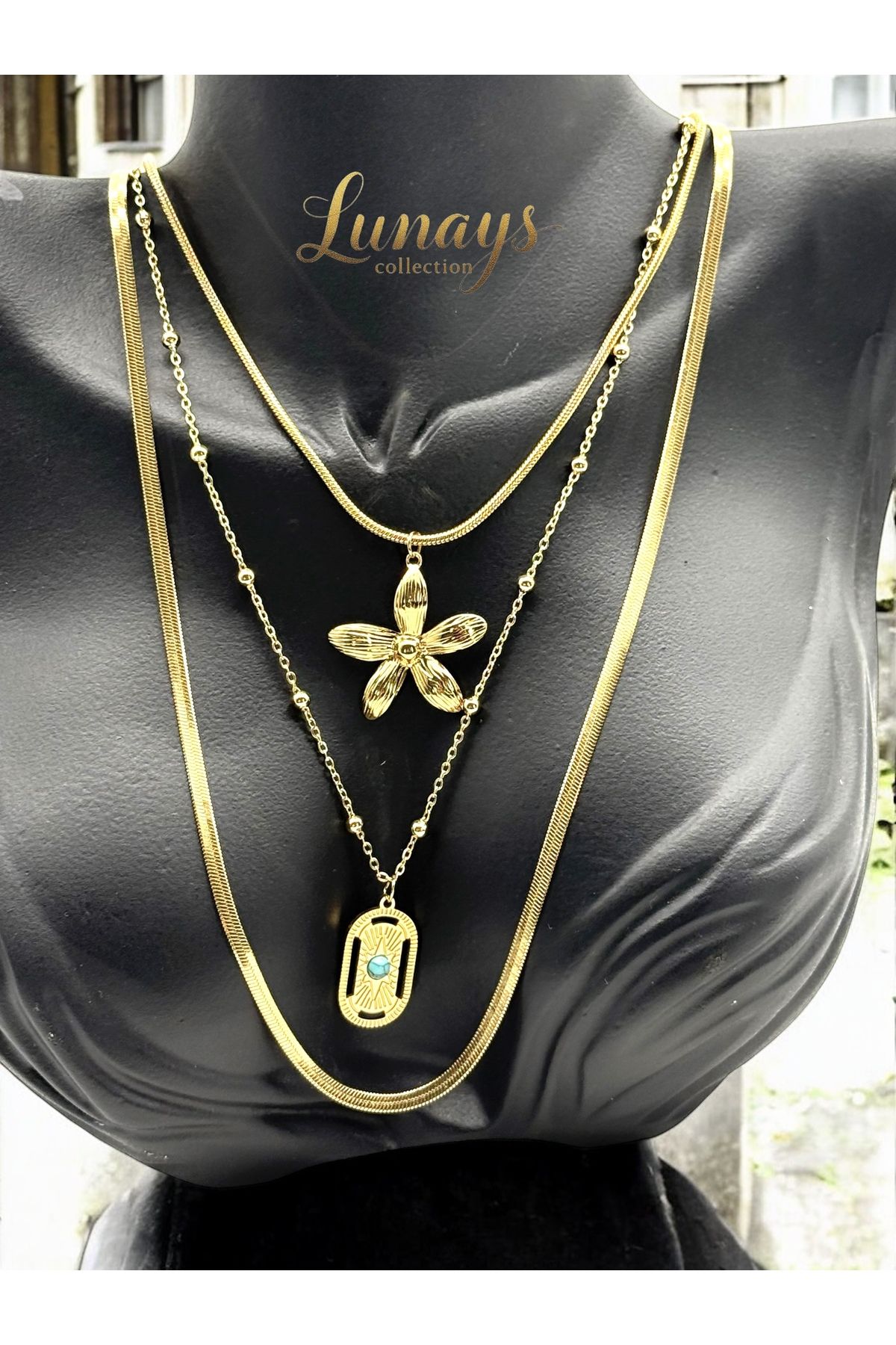 Lunays Paslanmaz Çelik 3 lü Asya Model Zincir Kadın Kolye Gold Renk