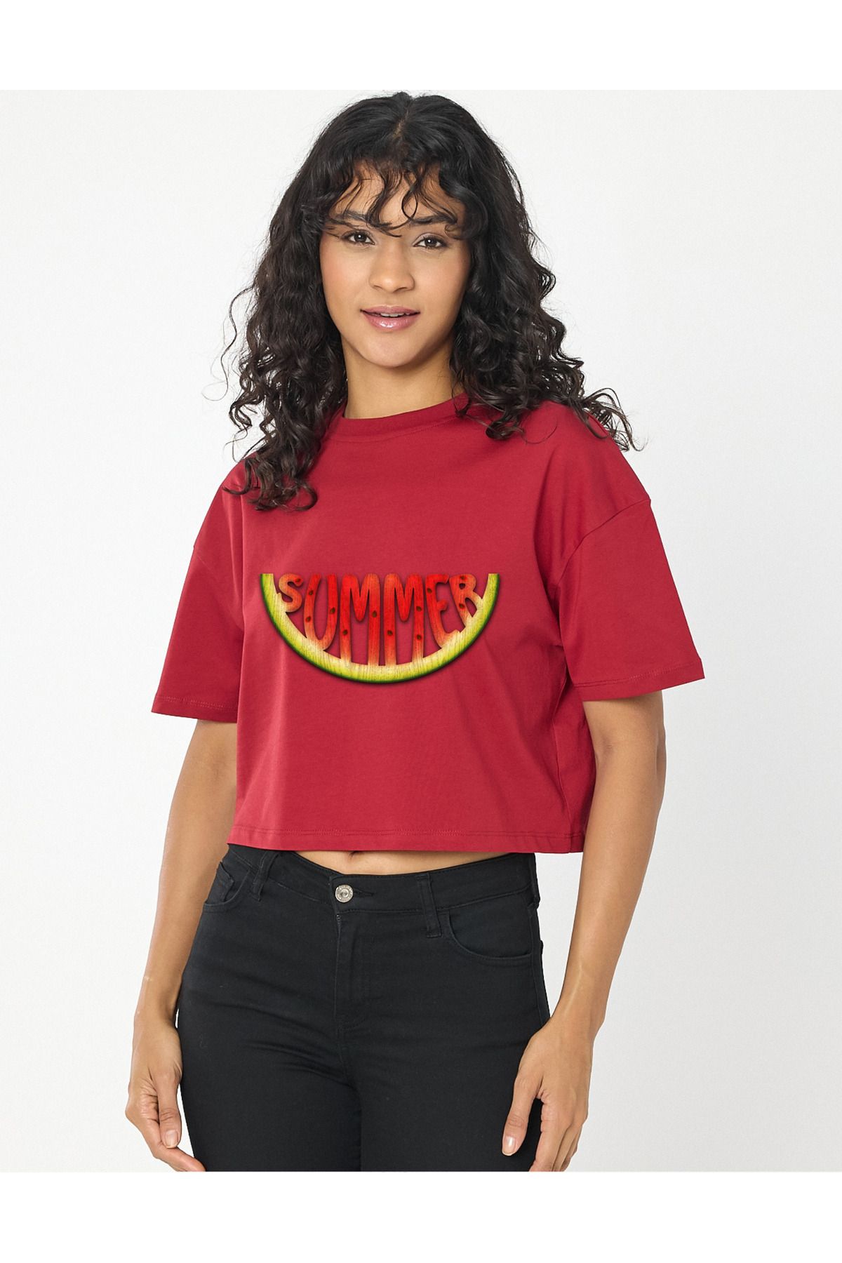 Windy Island Kadın Bisiklet Yaka Summer Karpuz Baskılı Crop T-shirt