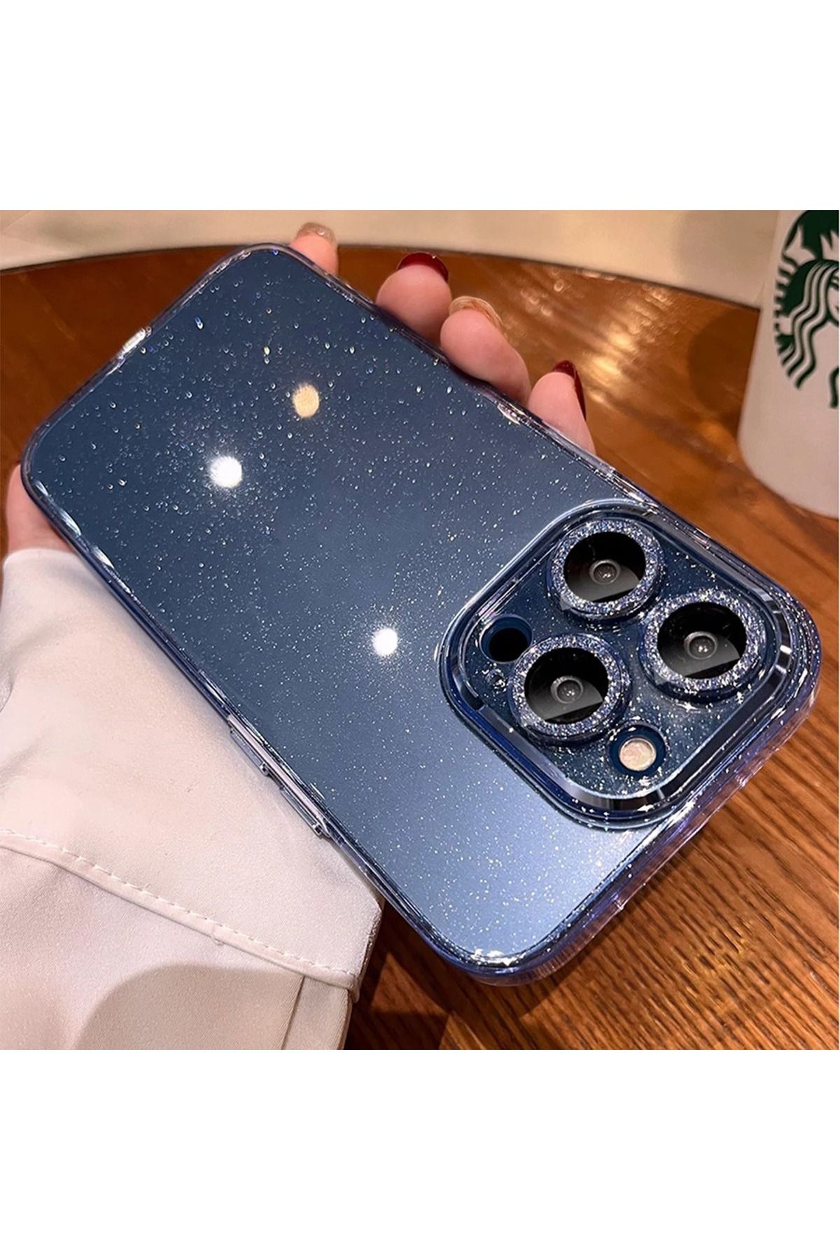 Merwish iPhone 13 Pro Kamera ve Lens Korumalı Simli Işıltılı Taşlı Sierra Blue Kapak Kılıf