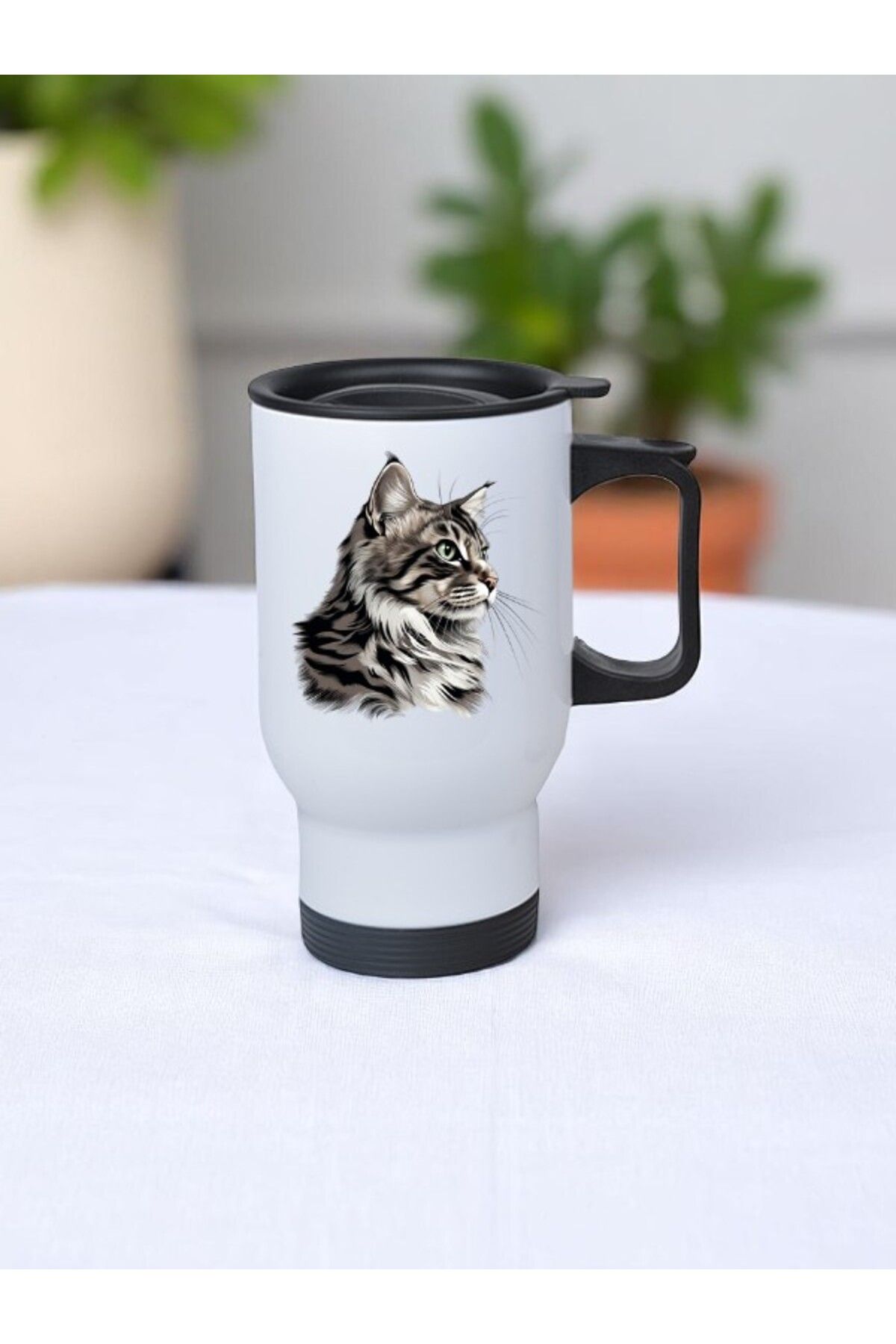 lili hediyelik Dalgın Kedi Baskılı Kulplu Çelik Bardak Termos 450 ml