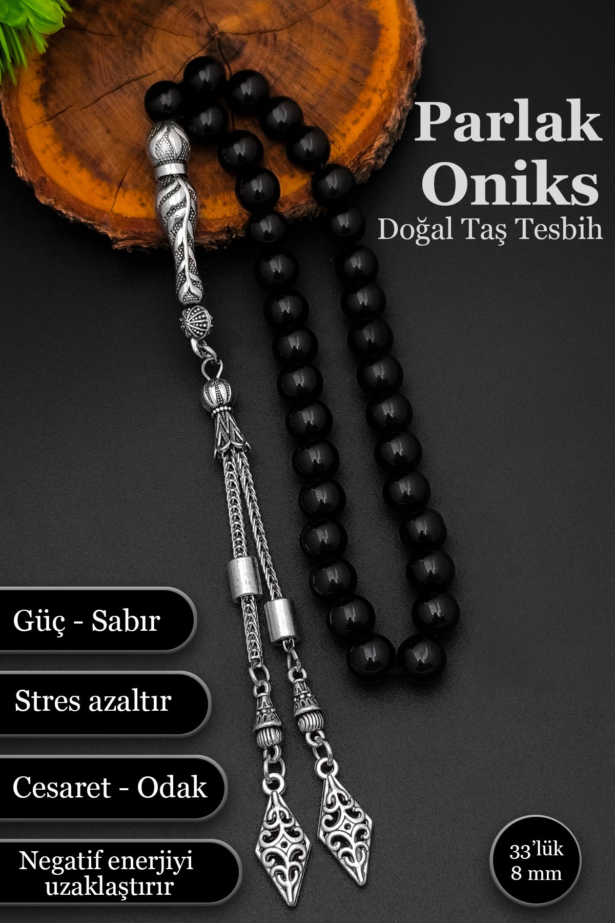 SİLVERA TELKARİ Erkek Oniks Taşlı Tesbih 8 mm Doğal Taş Oniks Tesbih BT044