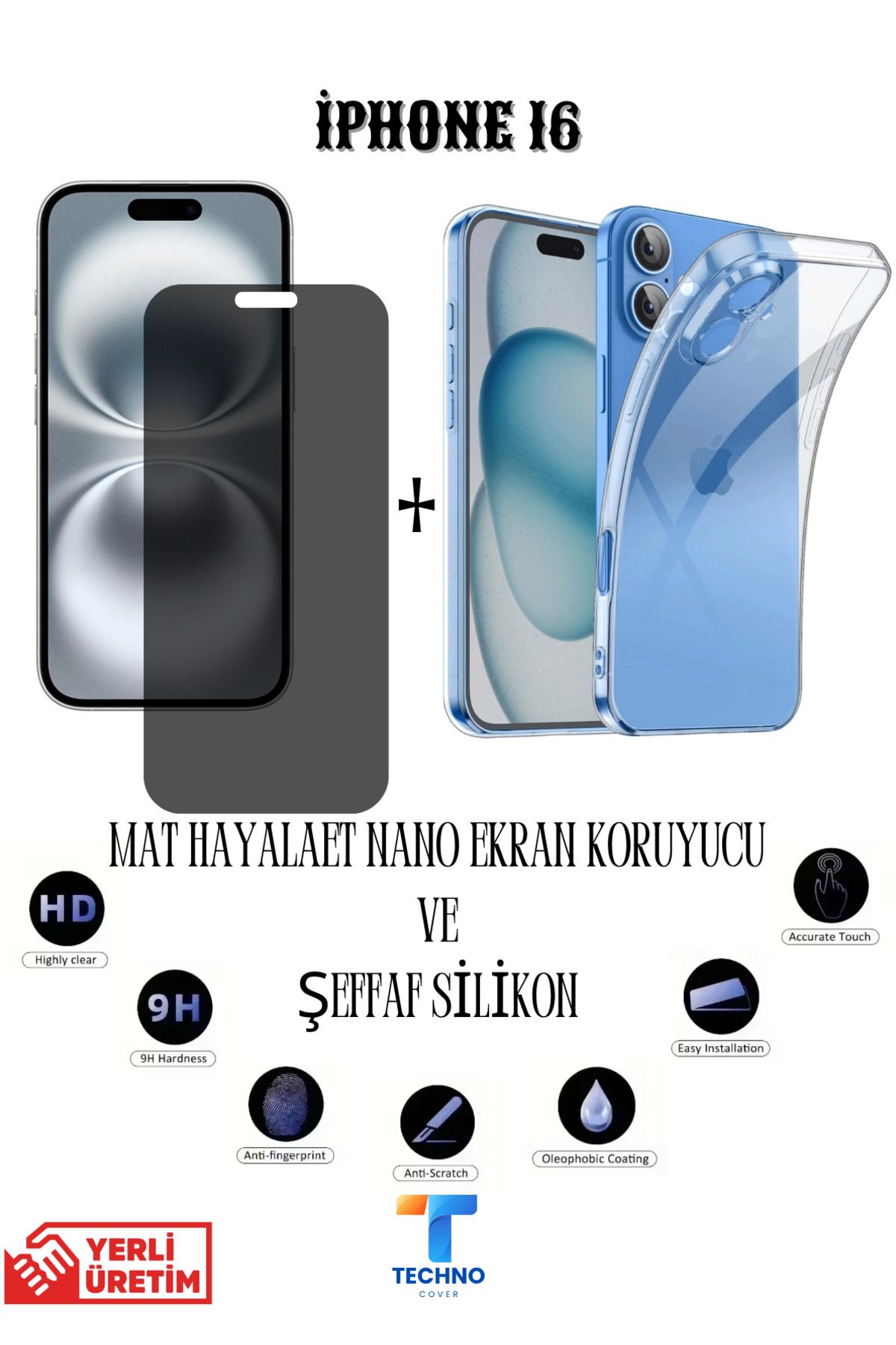 foxpower İphone 16 Mat Hayalet Nano Ekran Koruyucu vemŞeffaf Kılıf 2li Avantajlı Paket
