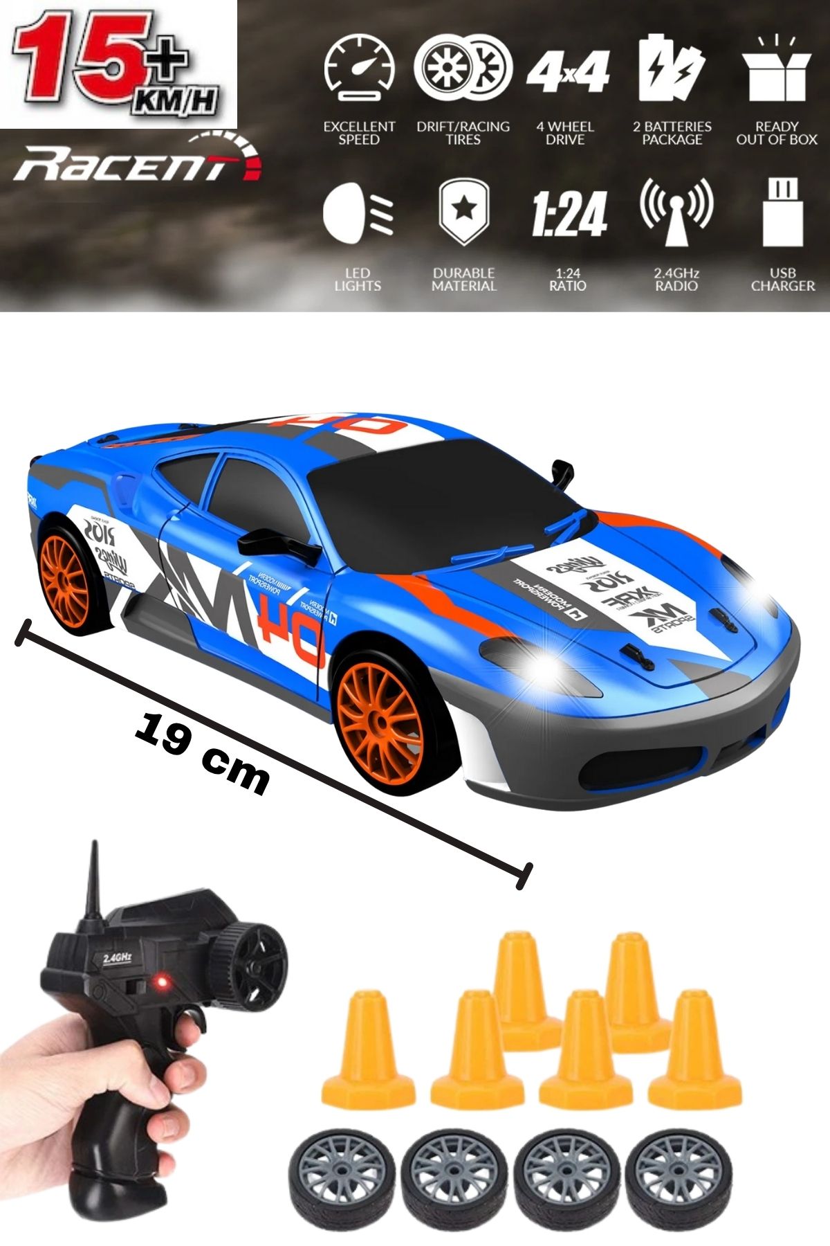 TRENDZONE Uzaktan Kumandalı Full Fonksiyon Şarjlı Işıklı 4WD Drift Atan 15 Km Hız Yapan Araba 19cm