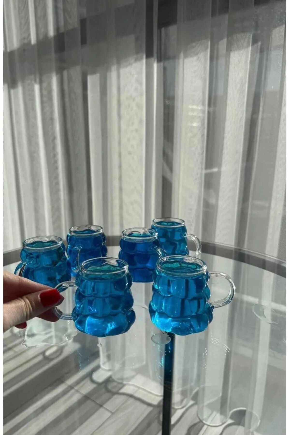 UYGUR AVM 6'lı Kulplu Boncuk Kahve Yanı Bardak, Mini Üzüm Bardak Boncuk Şekilli Bardak 75ml