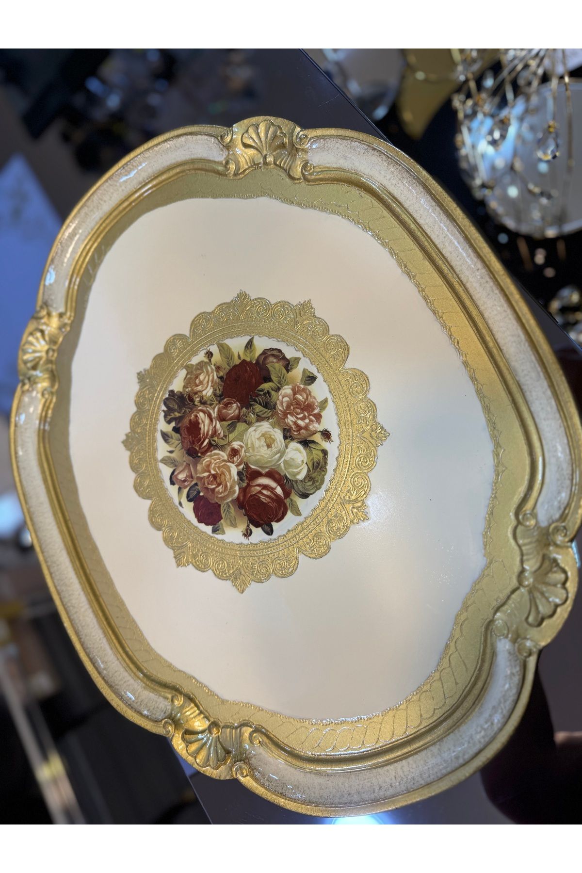 masi ESTERHOMEDECOR Büyük boy orijinal İtalyan Gül ağacı çiçekli tepsi