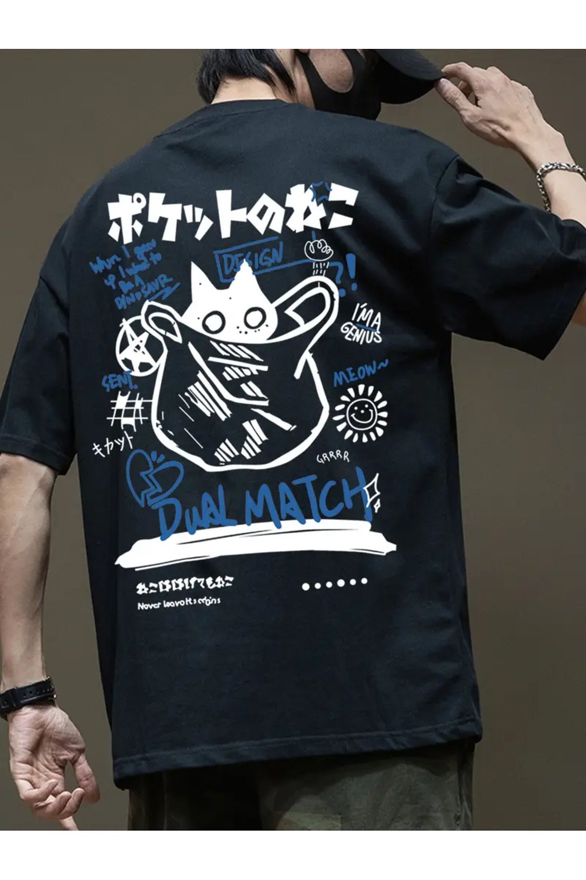 CLASİVA Unisex Pocket Cat Oversize Bisiklet Yaka T-shirt