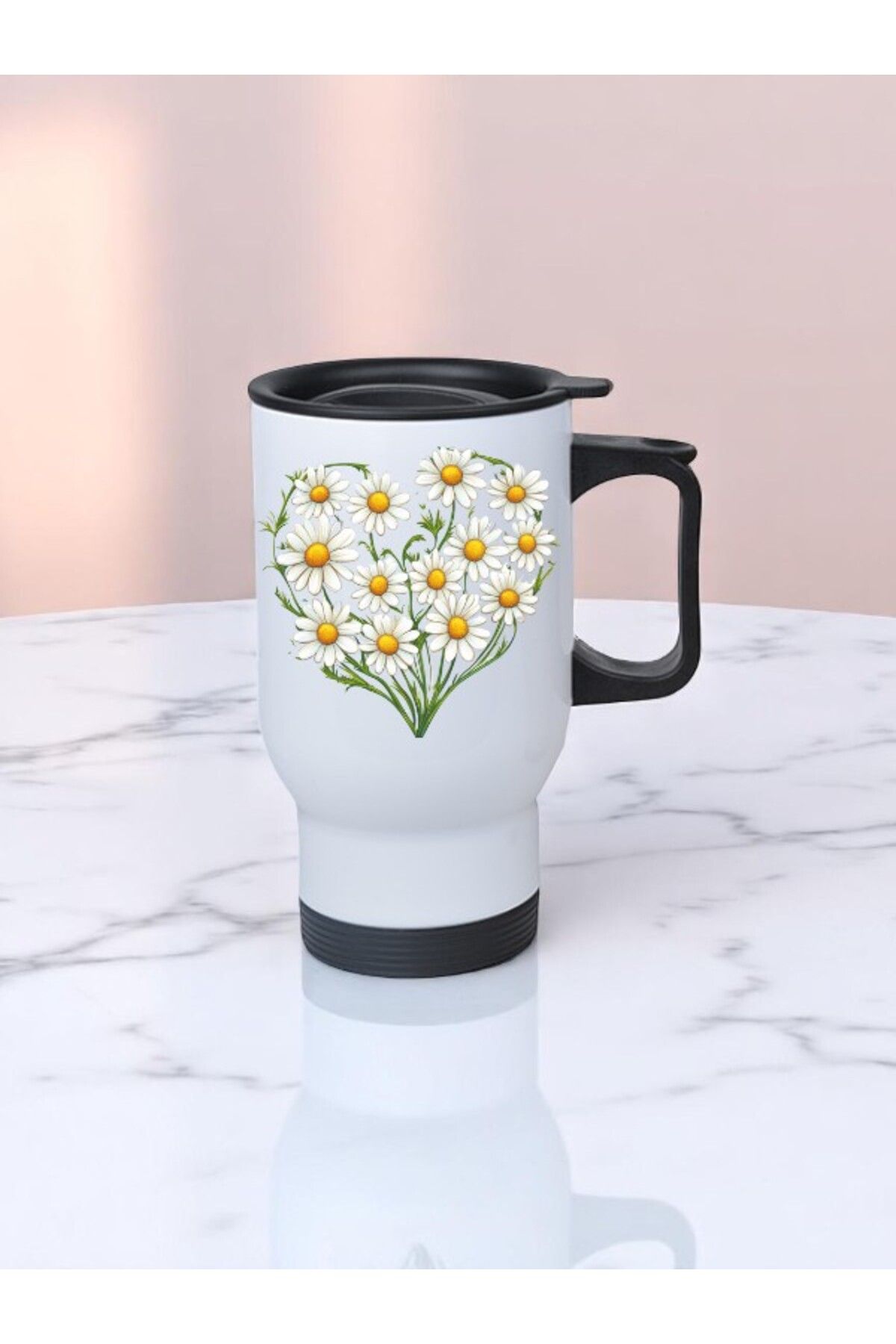 lili hediyelik Kalpli Papatya Baskılı Kulplu Çelik Bardak Termos 450 ml