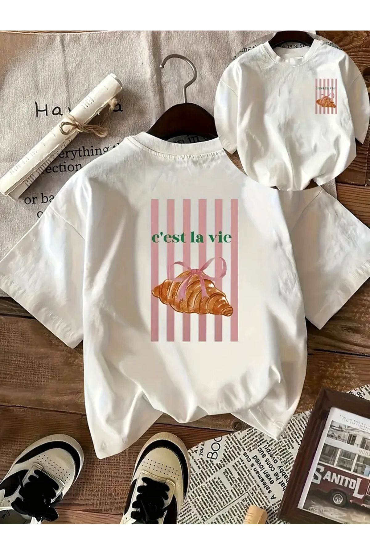CLASİVA Unisex C'est La Vie Kruvasan Baskılı Oversize Bisiklet Yaka T-shirt