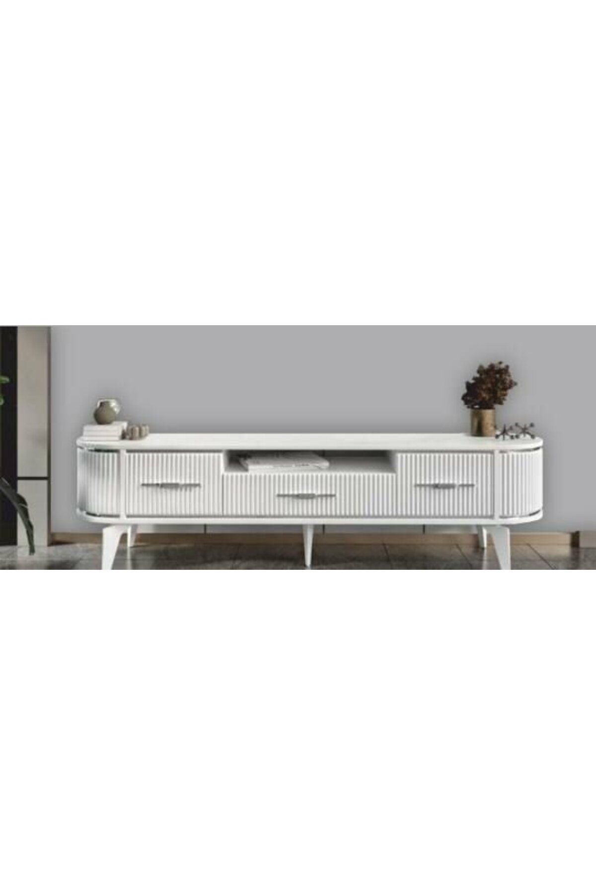 Yuvaset Home 2 Kapılı 1 Çekmeceli Beyaz/Gümüş Oval TV Sehpası