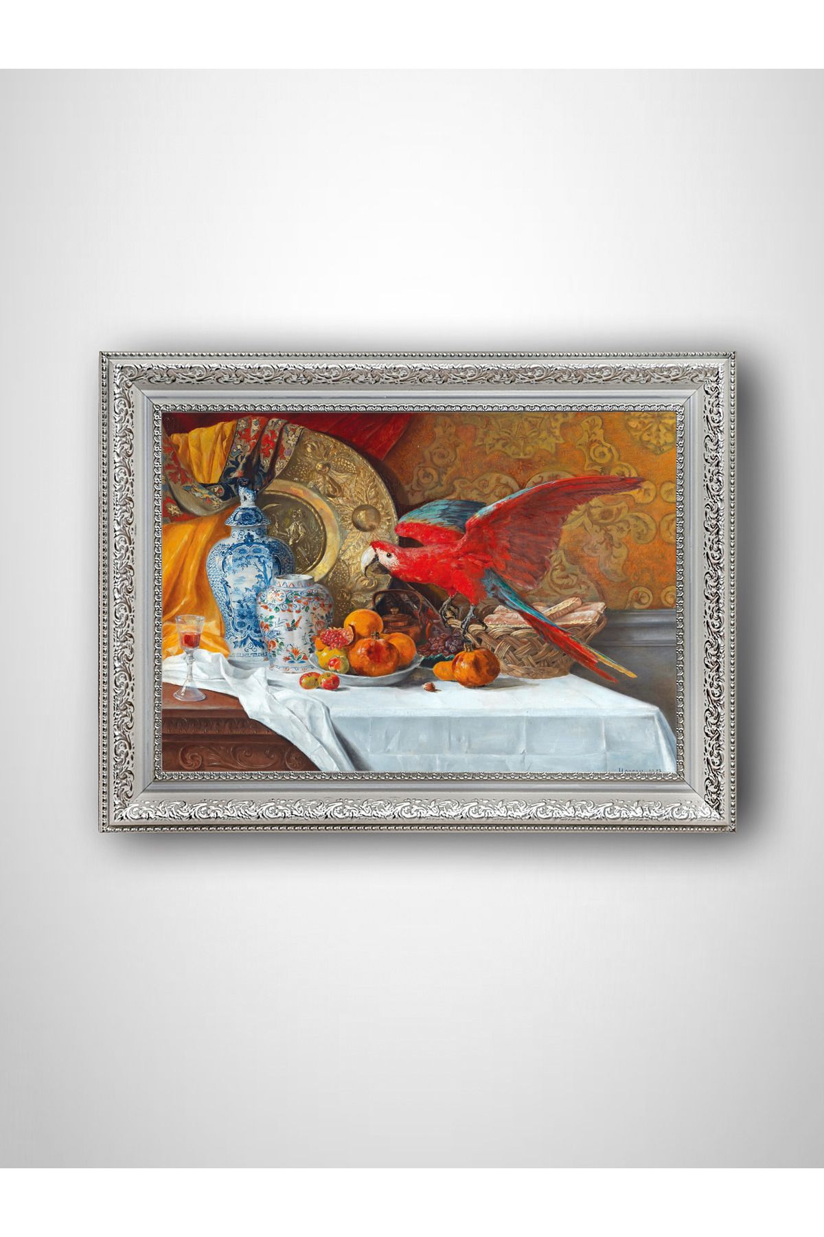 WoodyArts Papağan ve Masa - Beyaz Vintage Çerçeve