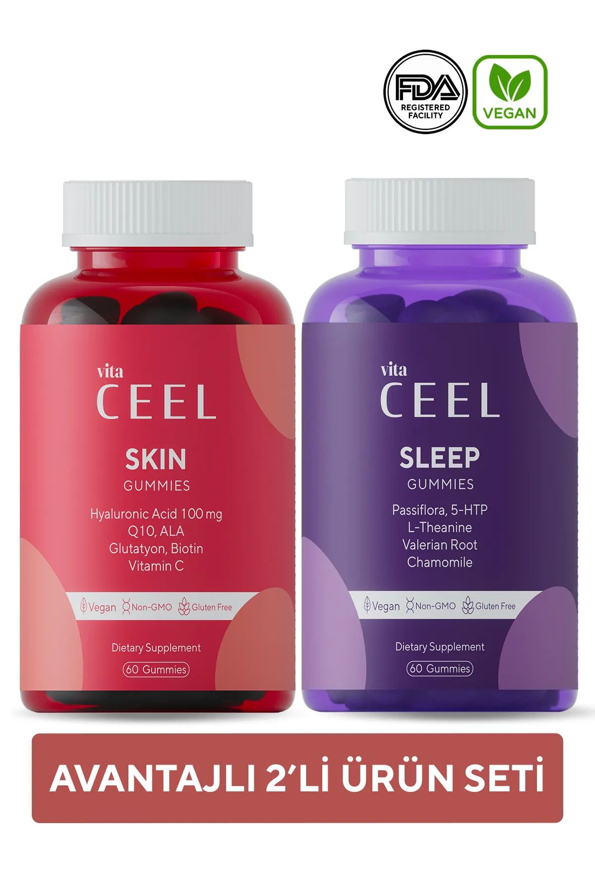 VitaCeel 2’li Vita Ceel Skin ve Vita Ceel Sleep Cilt ve Uyku Gummy Vegan Çiğnenebilir Vitamin