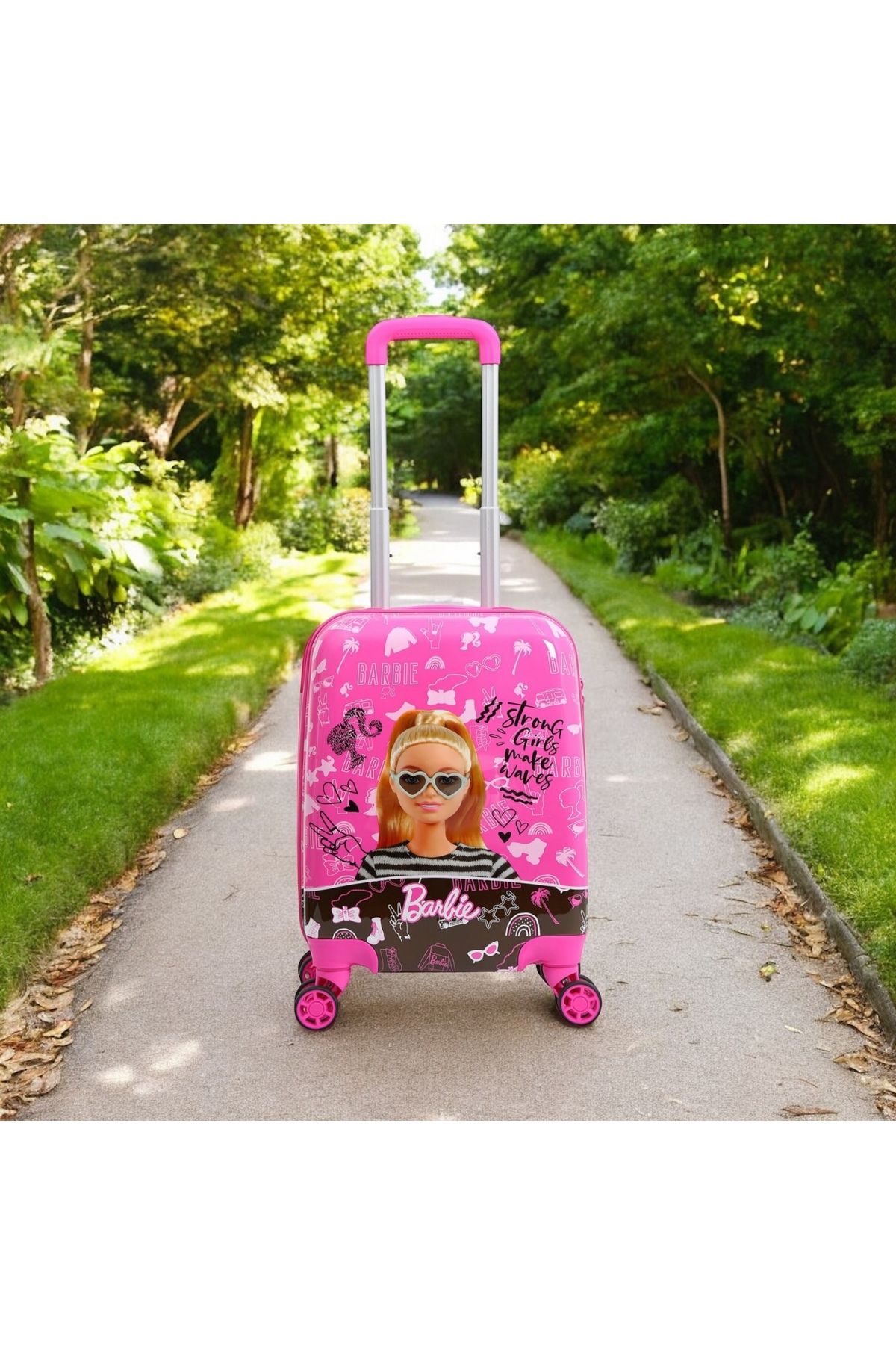 JOJO KIDS barbie lisanslı pembe kız çocuk valiz , 4 tekerli , 360 derece döner valiz