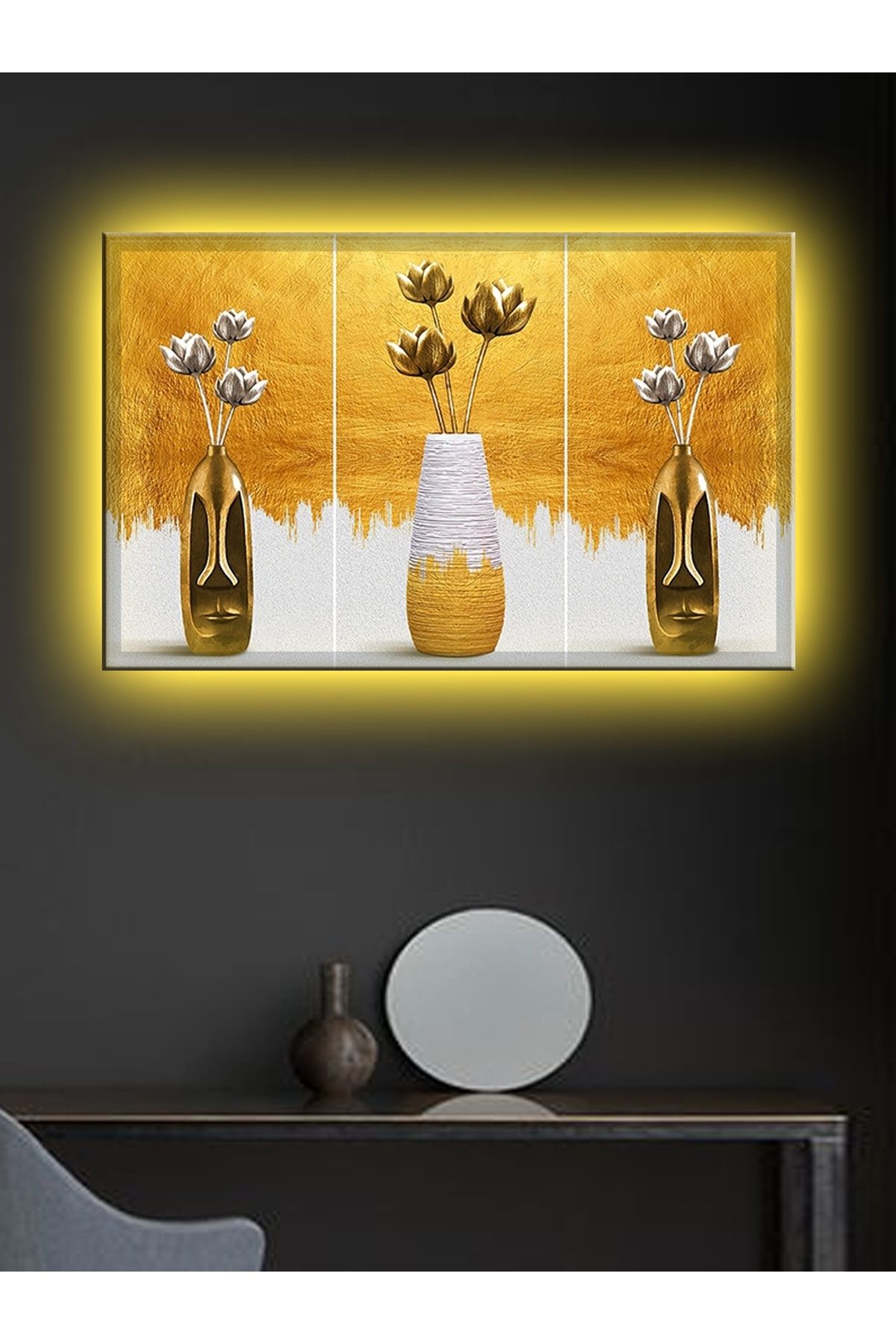 Alandres acoula prod01 Led Işıklı Üçlü Gold Vazo Çok Şık Kanvas Tablo