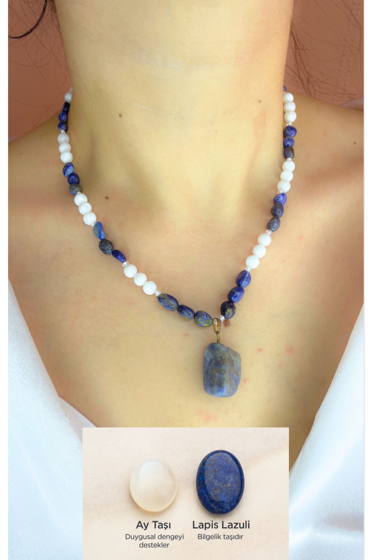 MODA Lapis Lazuli & Ay Taşı Doğal Taş Tasarım Kolye Dişil Enerji Kolyesi, 3.Göz çakra Dengeleyici