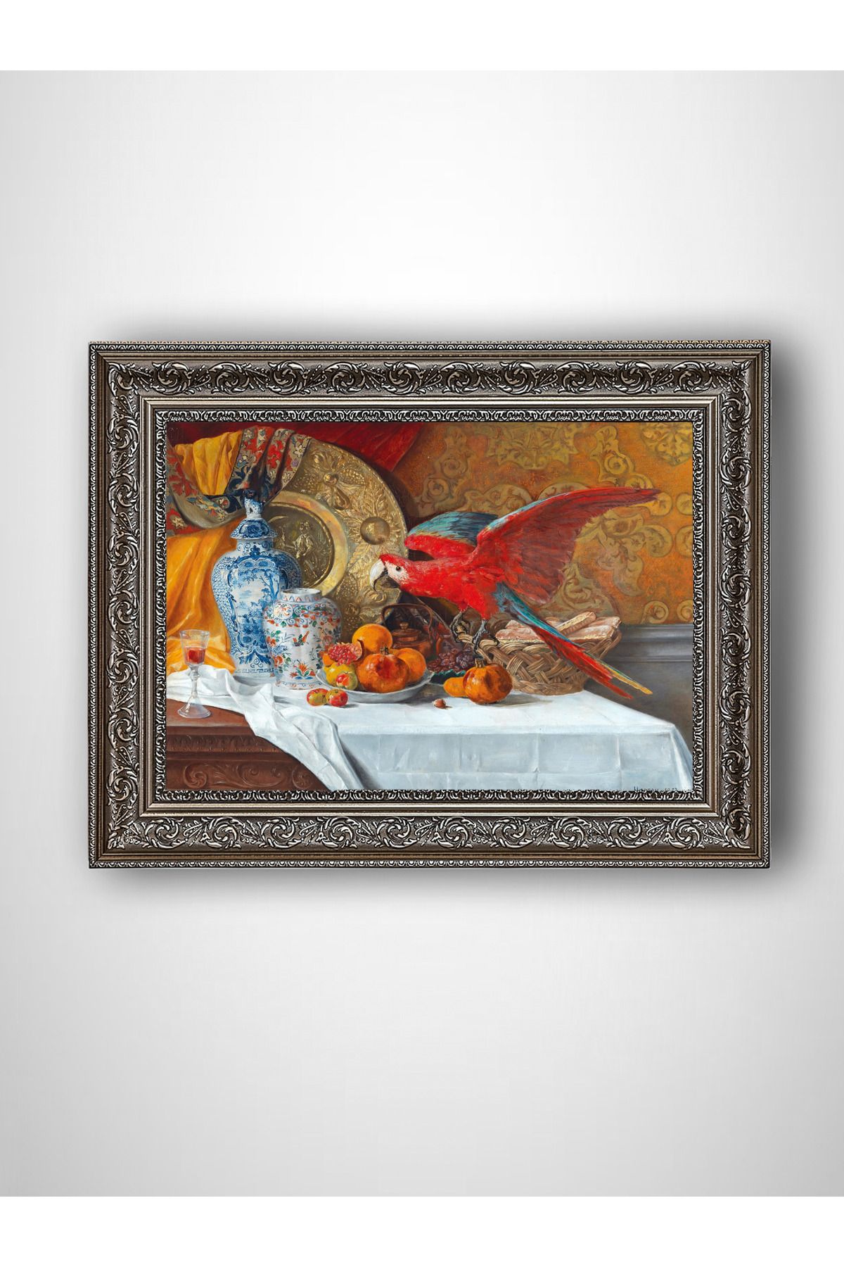 WoodyArts Papağan ve Masa - Gri Vintage Çerçeve