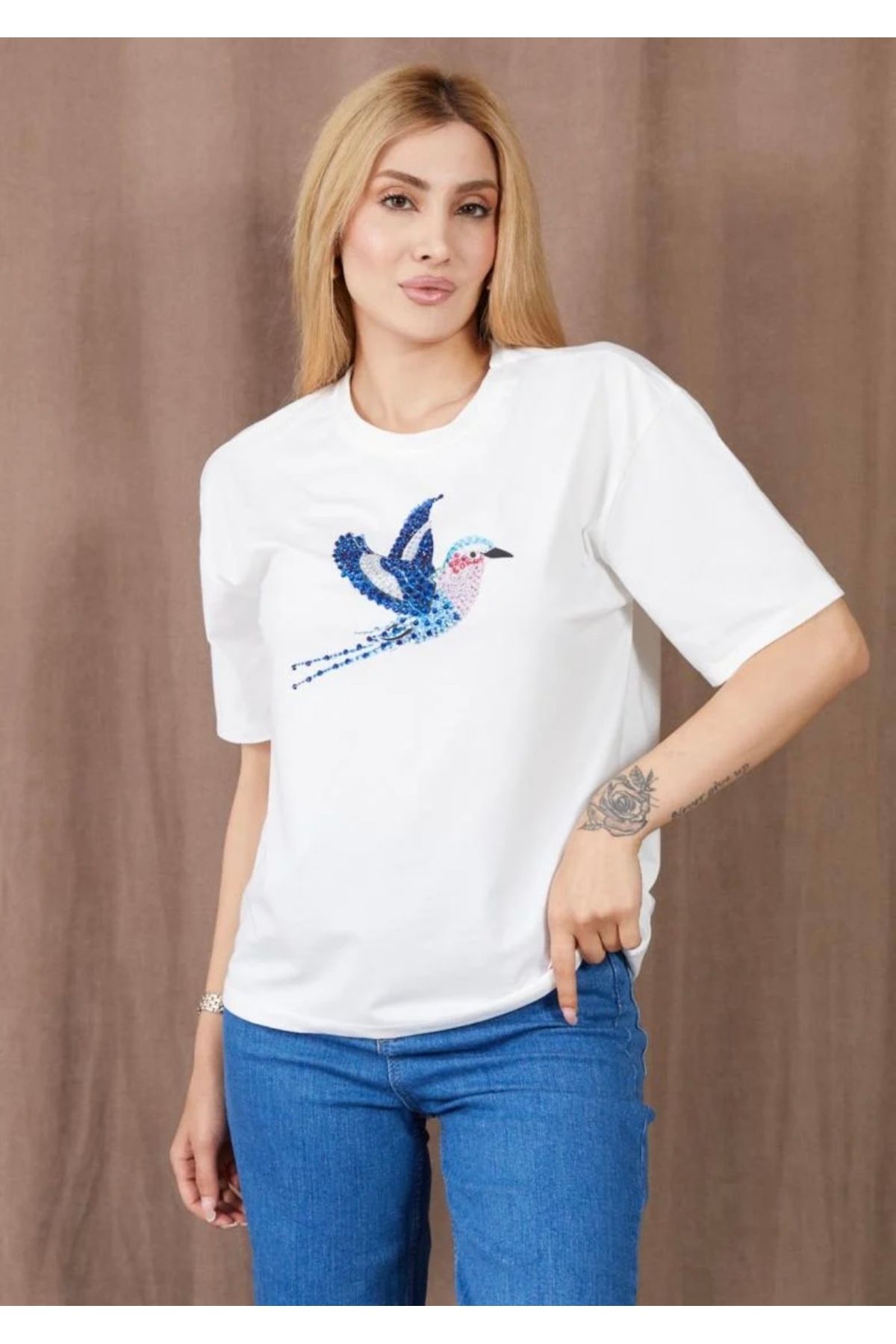 zenne Kuş Desenli Taşlı Tshirt