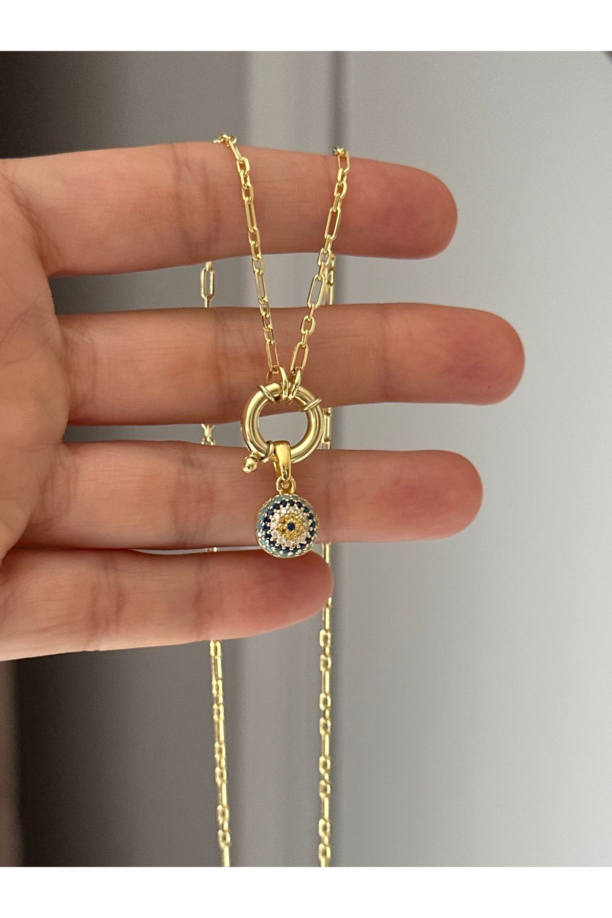 emy by emel luxury silver jewelry Altın Kaplama Gemici Kilitli Nazar Boncuklu Kolye 925 Ayar Gümüş