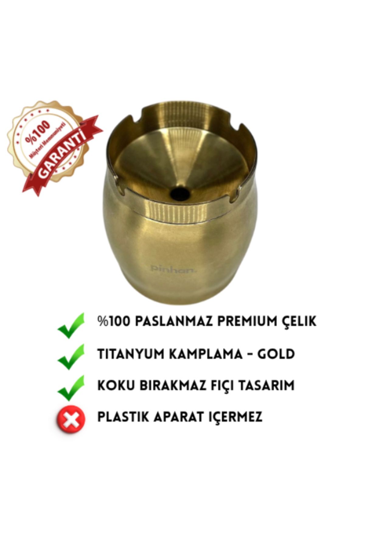 PİNHAN Paslanmaz Çelik Kokusuz Fıçı Küllük - Kapaklı, Şık Ve Çok Amaçlı Tasarım (OTO, EV, OFİS, BAHÇE)-GOLD