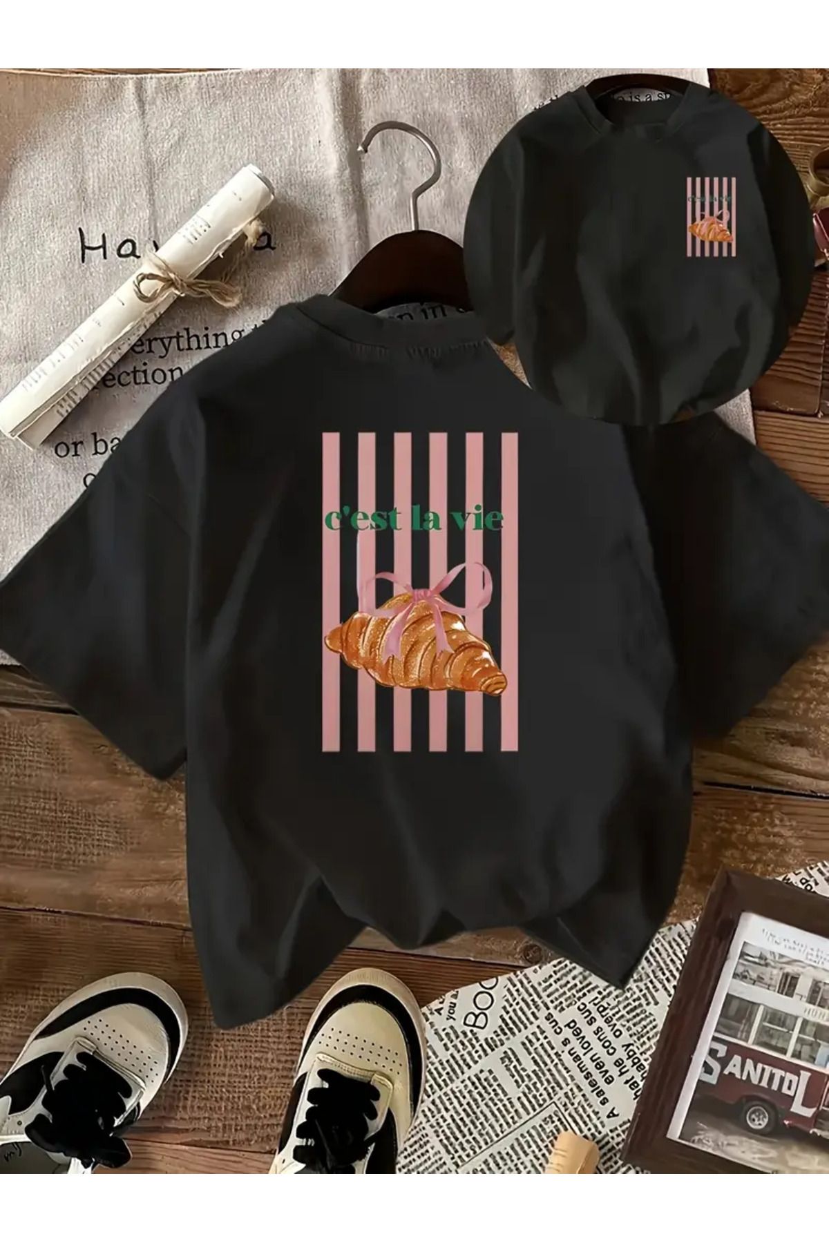 CLASİVA Unisex C'est La Vie Kruvasan Baskılı Oversize Bisiklet Yaka T-shirt
