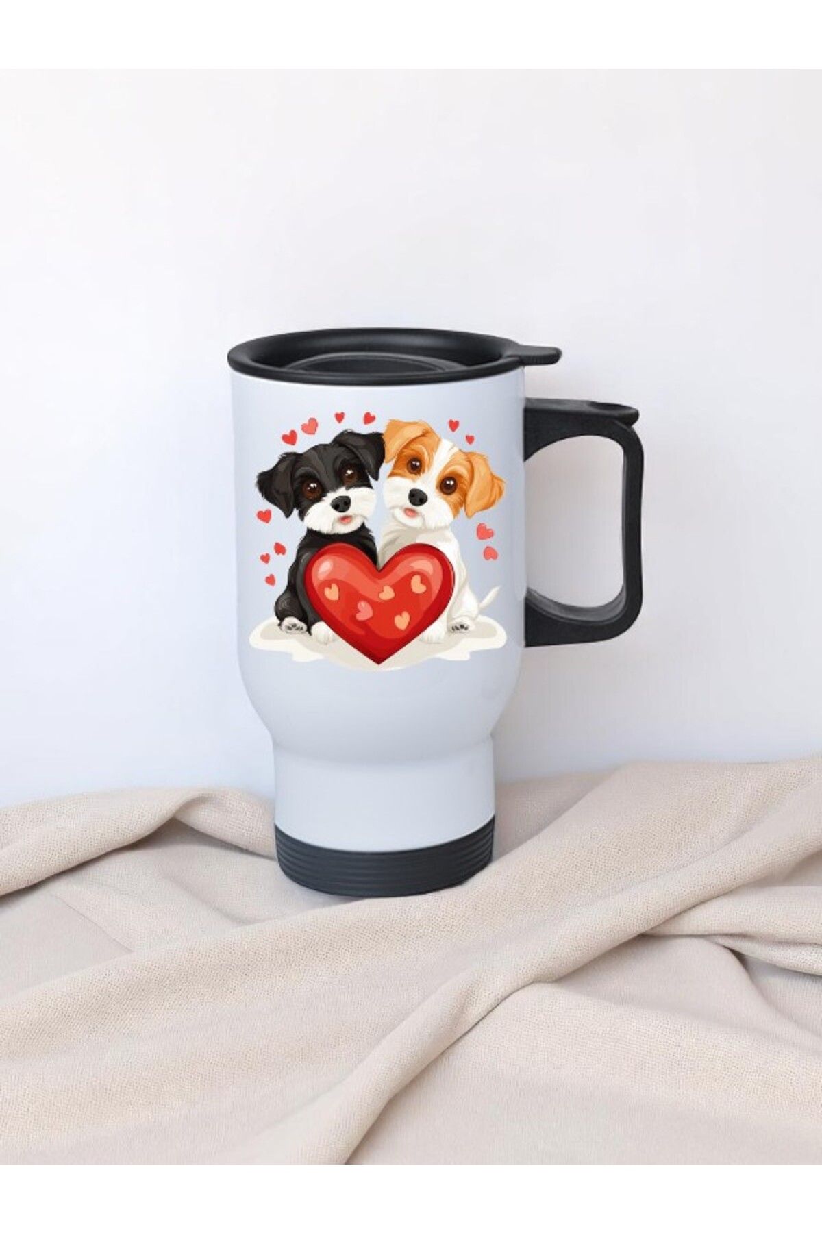 lili hediyelik Kalpli Köpek Baskılı Kulplu Çelik Bardak Termos 450 ml