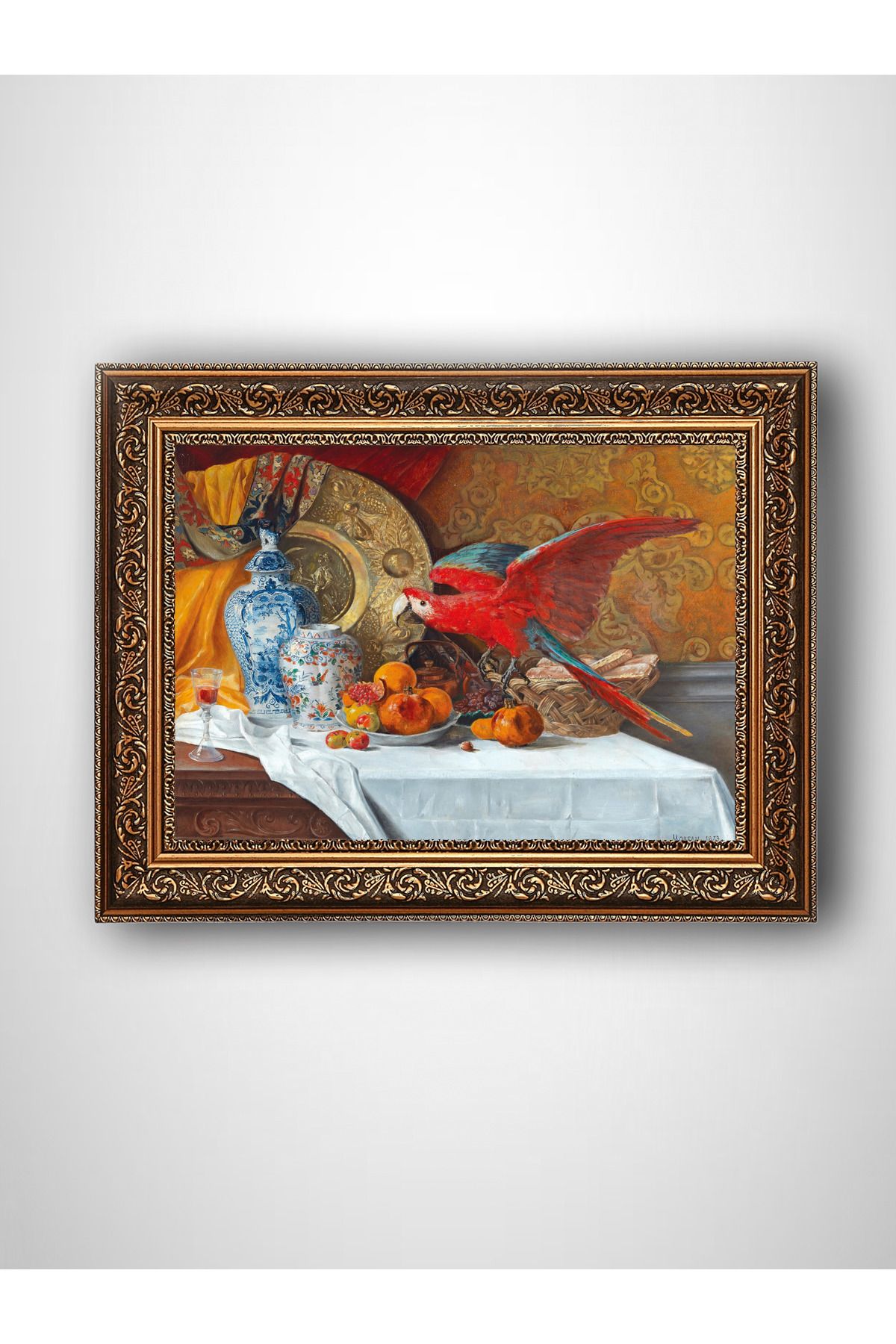 WoodyArts Papağan ve Masa - Altın Renkli Vintage Çerçeve