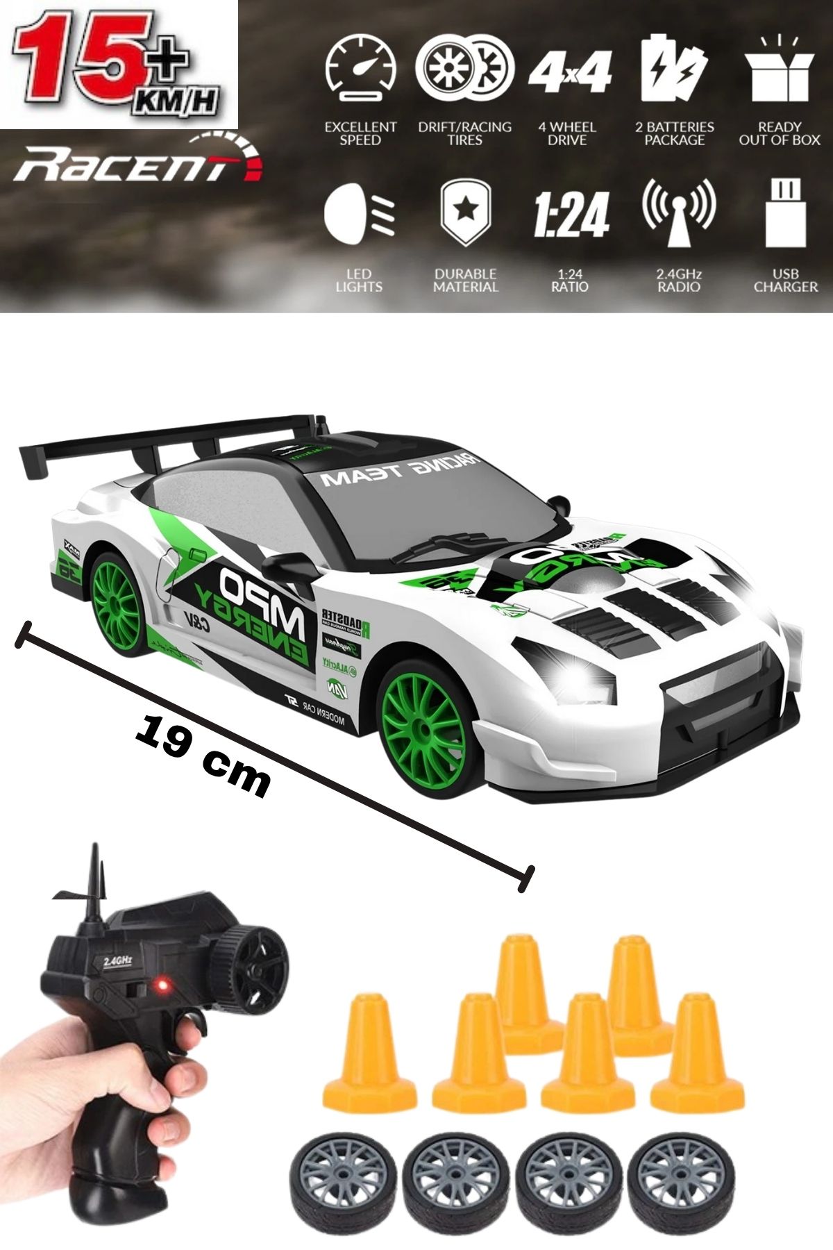 TRENDZONE Uzaktan Kumandalı Full Fonksiyon Şarjlı Işıklı 4WD Drift Atan 15 Km Hız Yapan Araba 19cm