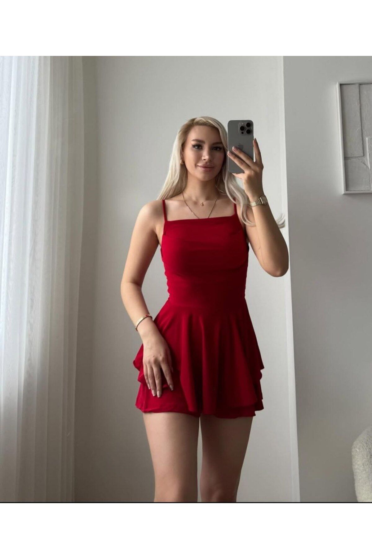 MODA Sandy Kumaş Şortlu İnce Askılı Mini Elbise