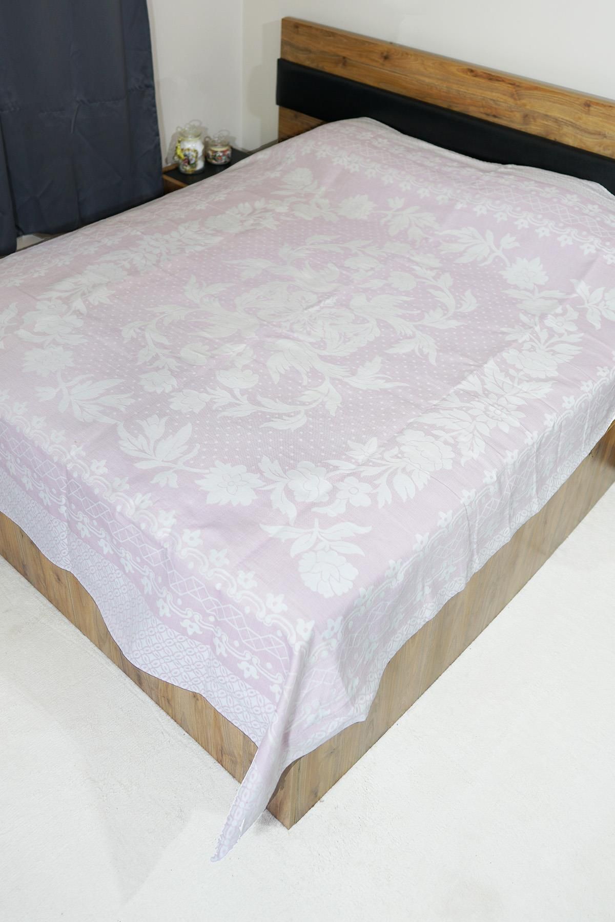 Defne&Apollon İpekçilik %100 Pamuk El Dokuması Kuş Desenli Pike 190 x 225 cm - Pembe
