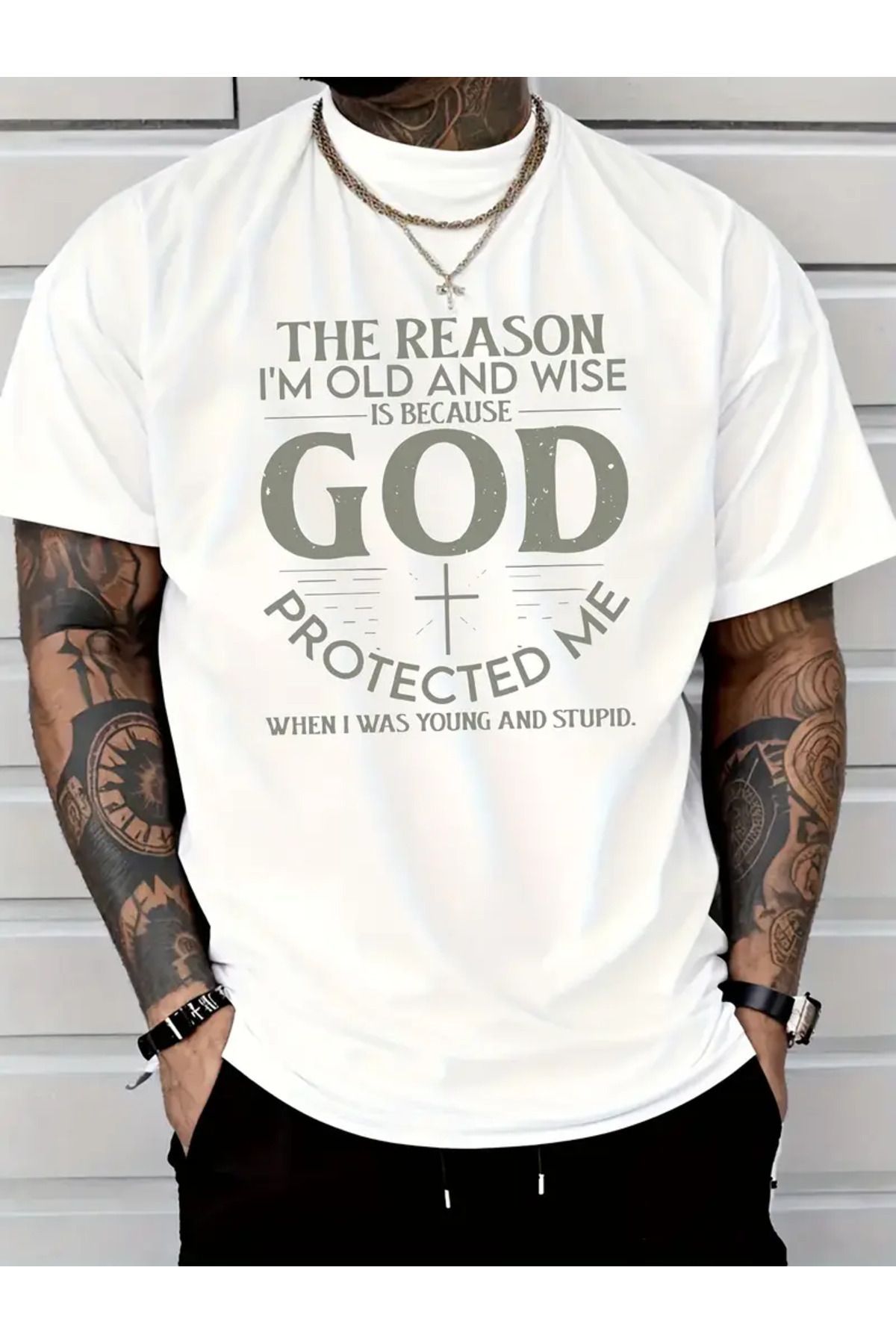 CLASİVA Unisex God Protected Me Baskılı Oversize Bisiklet Yaka T-shirt