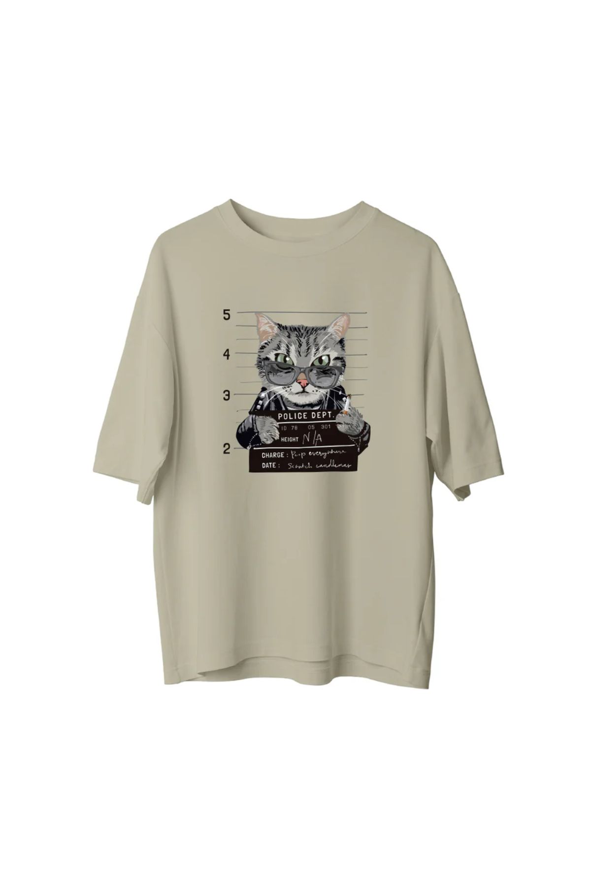 Koklonmoda Büyük Beden Unisex Suçlu Kedi Baskılı Oversize T-Shirt