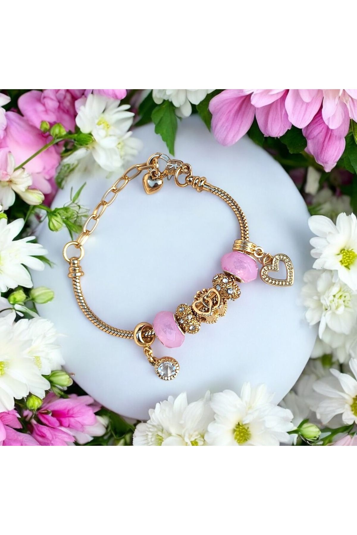 GIHANDMADE Aşkın Işıltısı Pembe Yılan Charm Bileklik – Altın Zincirli Pembe Taşlı Ayarlanabilir Kadın Bileklik