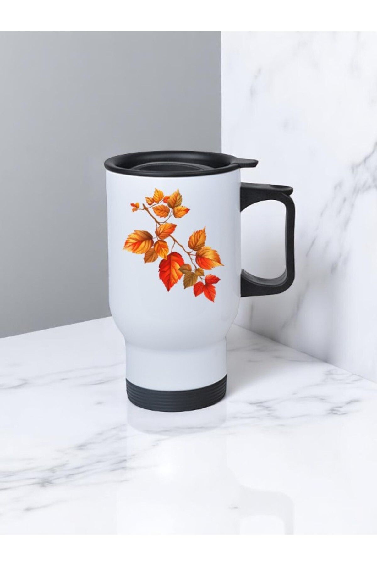 lili hediyelik Kurumuş Dal Baskılı Kulplu Çelik Bardak Termos 450 ml