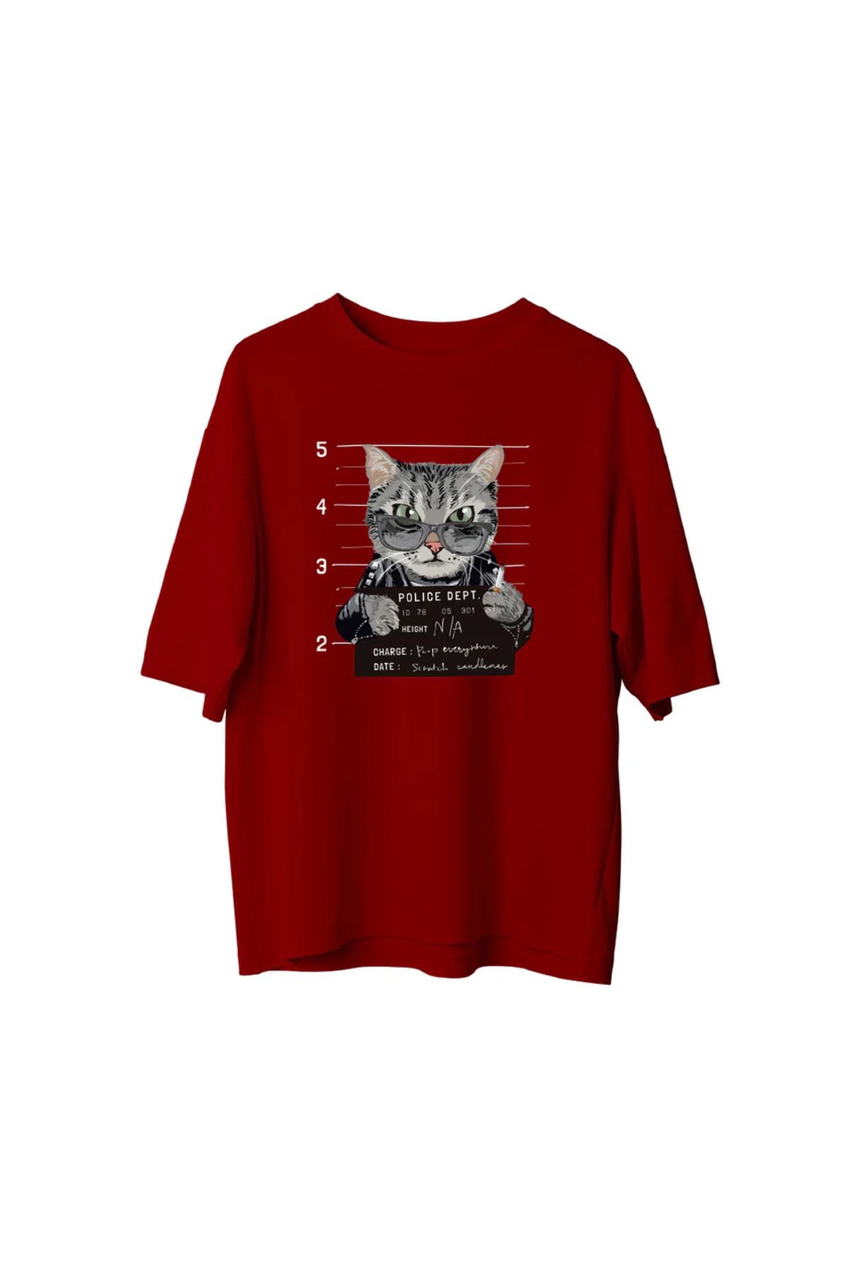 Koklonmoda Büyük Beden Unisex Suçlu Kedi Baskılı Oversize T-Shirt