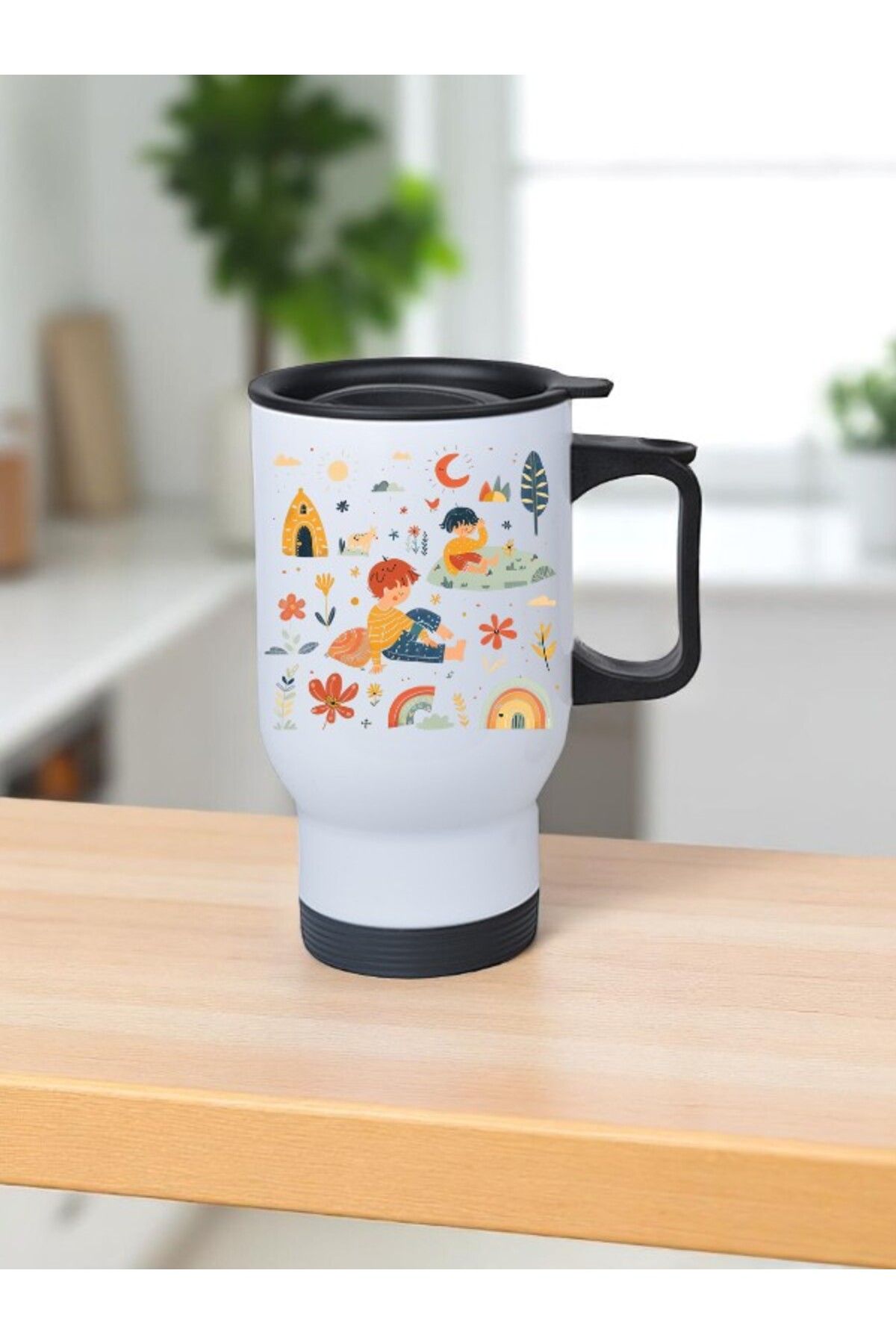 lili hediyelik Piknik Baskılı Kulplu Çelik Bardak Termos 450 ml