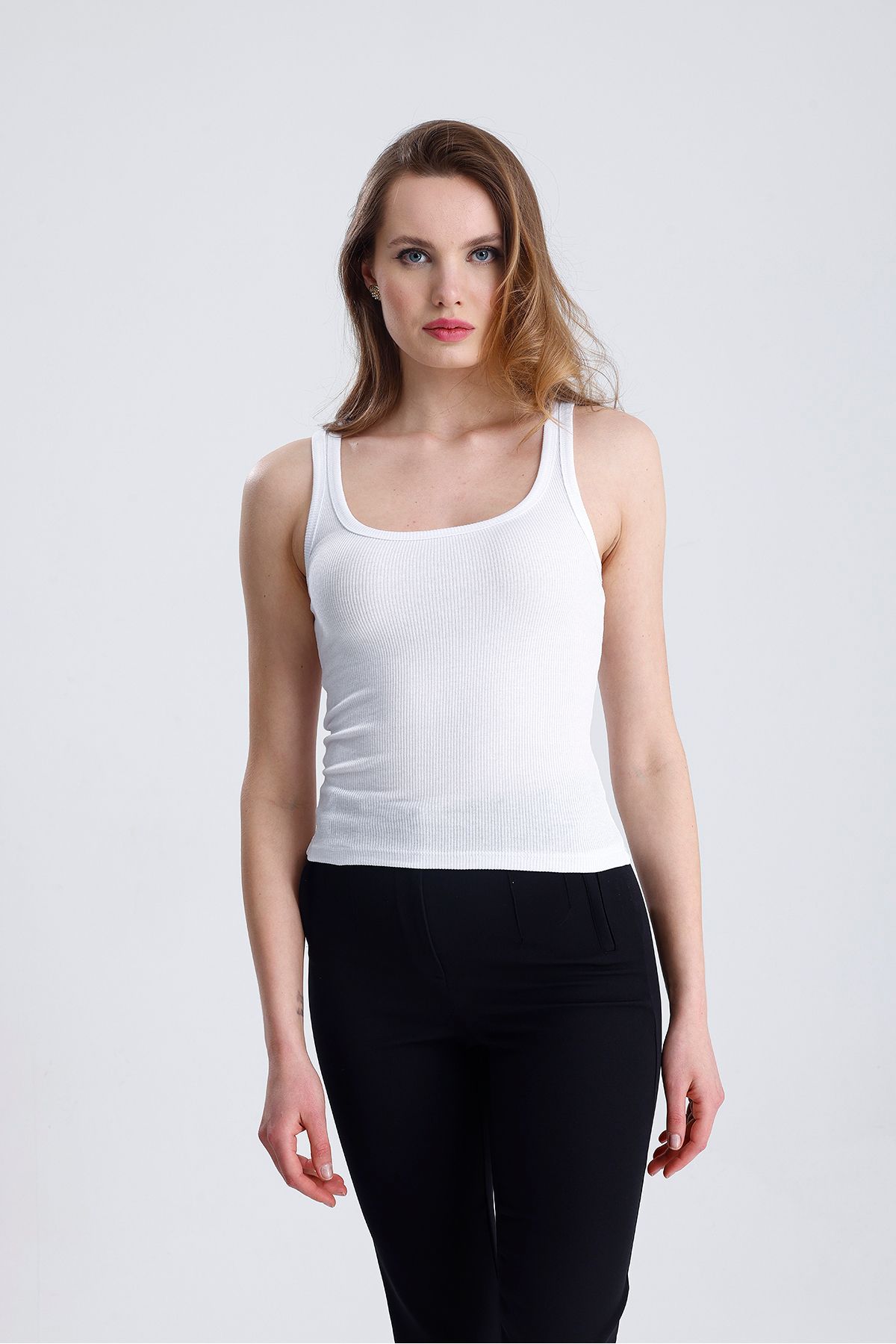 ÖZGESTORE Kadın Fitilli Görünümlü Kalın Askılı Basic Beyaz Atlet