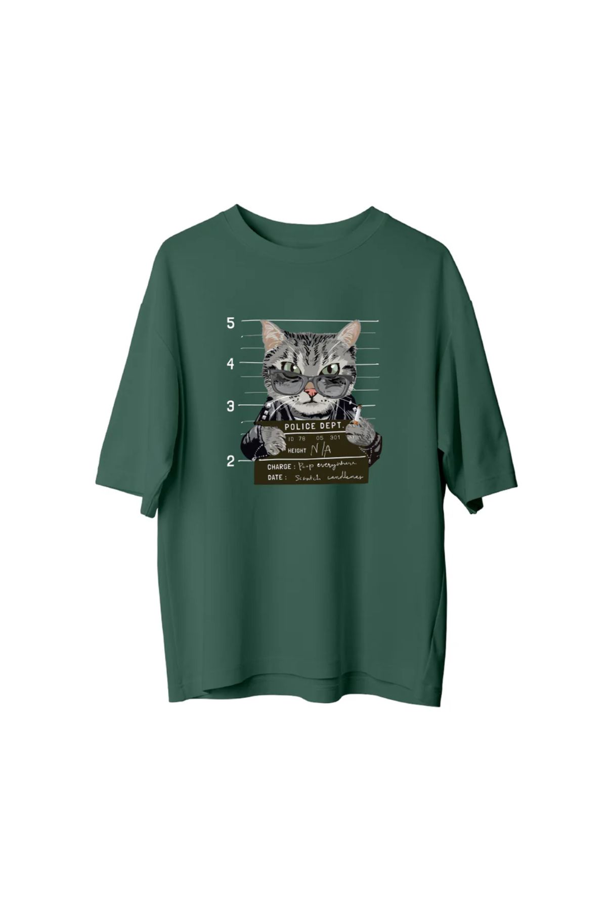 Koklonmoda Büyük Beden Unisex Suçlu Kedi Baskılı Oversize T-Shirt