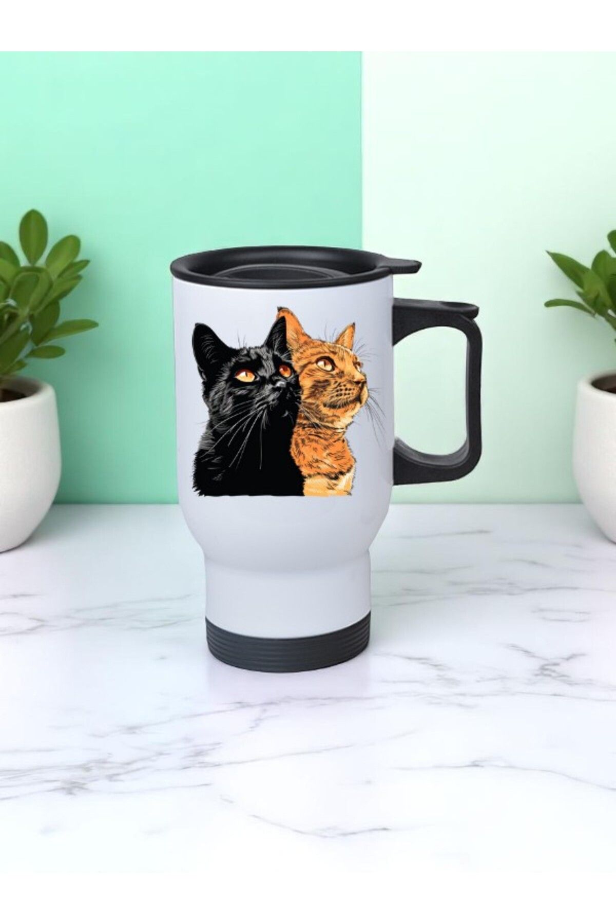 lili hediyelik Turuncu ve Siyah Kedi Baskılı Kulplu Çelik Bardak Termos 450 ml