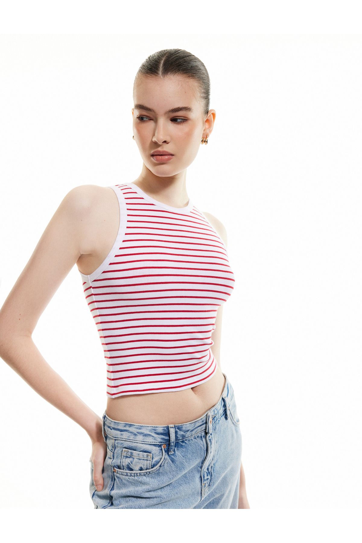 Koton Yeni Sezon Pamuklu Kolsuz Bisiklet Yaka Fitilli Crop Atlet