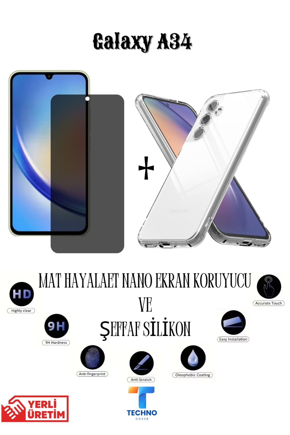 foxpower Samsung A34 Mat Hayalet Nano Ekran Koruyucu vemŞeffaf Kılıf 2li Avantajlı Paket