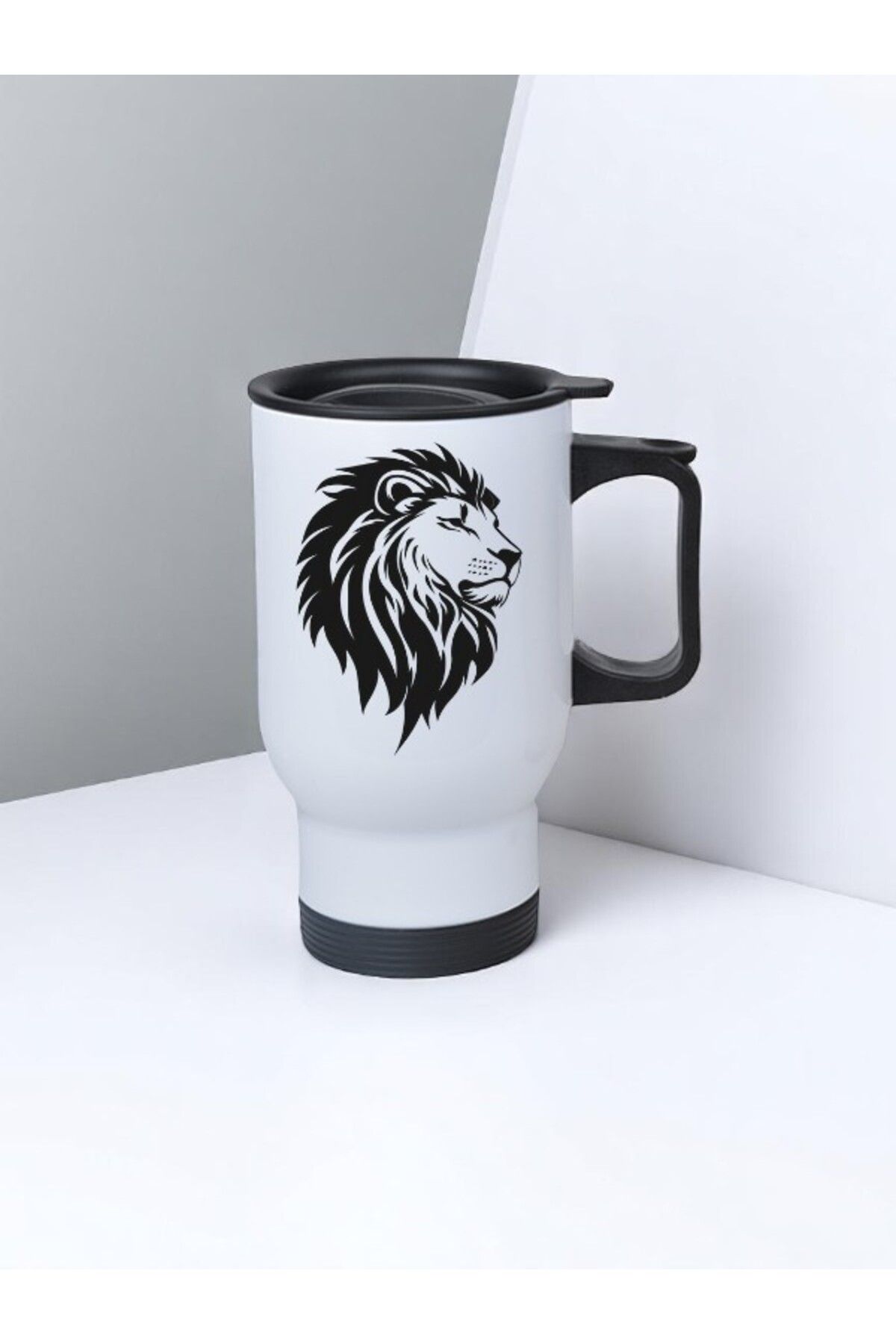 lili hediyelik Siyah Aslan Baskılı Kulplu Çelik Bardak Termos 450 ml