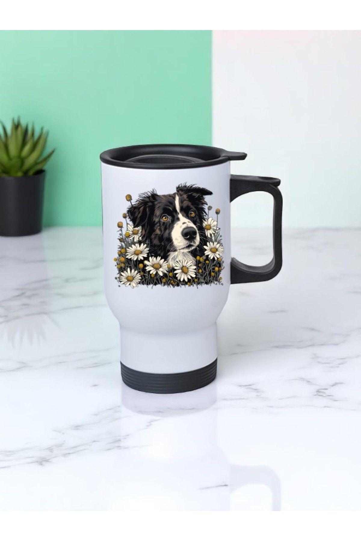 lili hediyelik Papatyalar ve Köpek Baskılı Kulplu Çelik Bardak Termos 450 ml