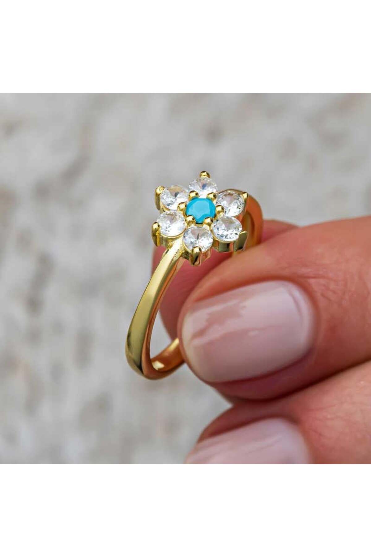 alsepeteavm Gümüş Mavi Taşlı Gold Çiçek Kadın Yüzük